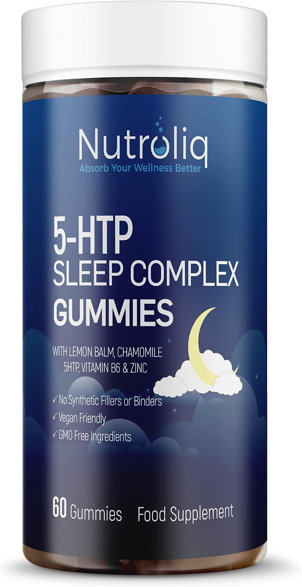 Nutroliq 5HTP Sleep Gummies Complex - Sugar Free Chewable Sleep Aid Supplement - High Strength 500mg Griffonia Seed Extract, Lemon Balm, Chamomile, VIT B6, Zinc Blend - Vegan, Non-GMO - 60 Gummies