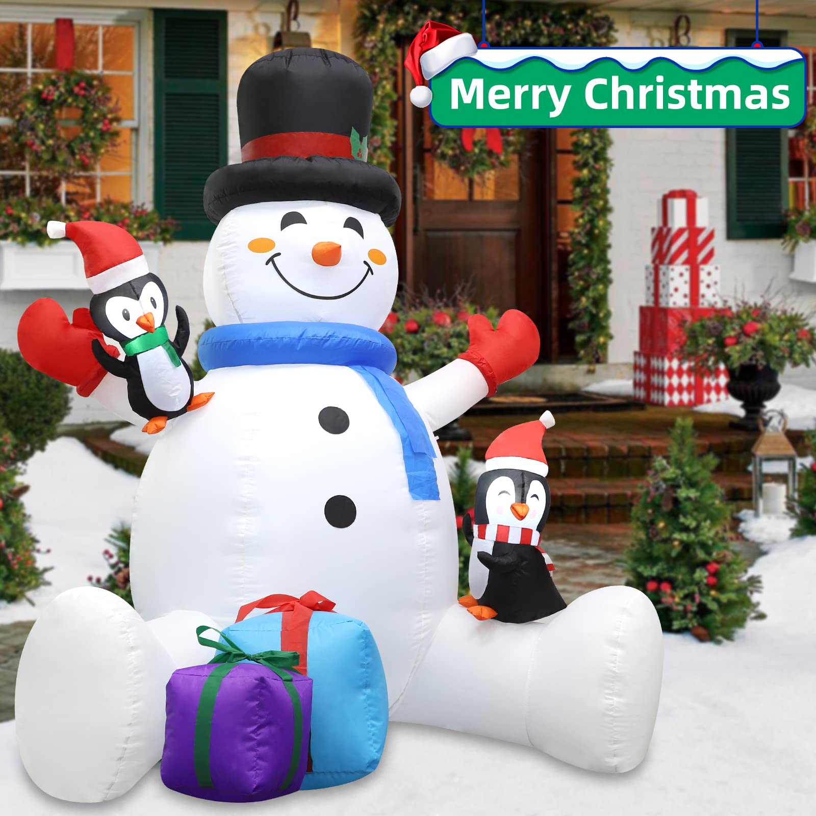 Christmas Inflatables Outdoor Decoration, 7FT Blow Up Snowman with Penguins, Xmas Yard Decor with Built-in LED, Holiday Decorations for Lawn, Garden, Porch, Indoor