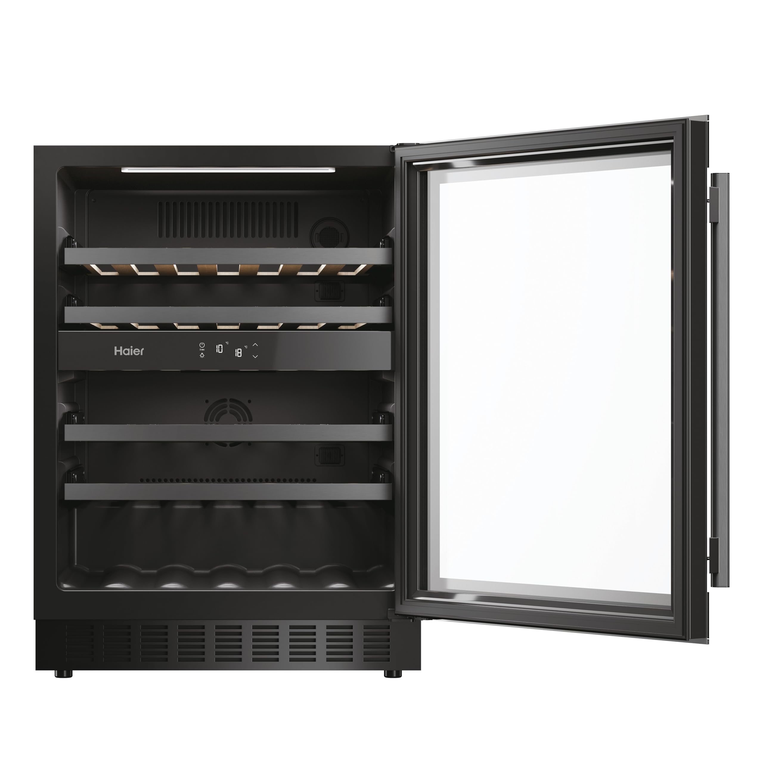 Haier Wine Bank 60 Series 6 HAKWBD 60 Vinoteca de integración de 44 botellas, 2 Zonas, Estantes de madera, Filtro Anti-UV, Refrigeración por Compresor, Display Digital, Iluminación LED, 38 dbA Negra