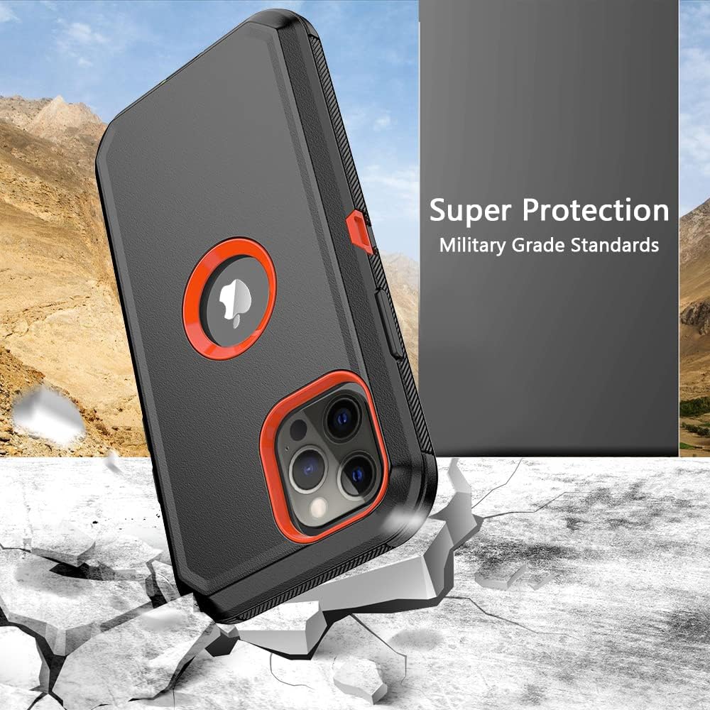 Heavy Duty Hard Shockproof Armor Protector for iPhone 12 & 12 Pro - Case with Belt Clip Holster (Black+Orange) - Image 4