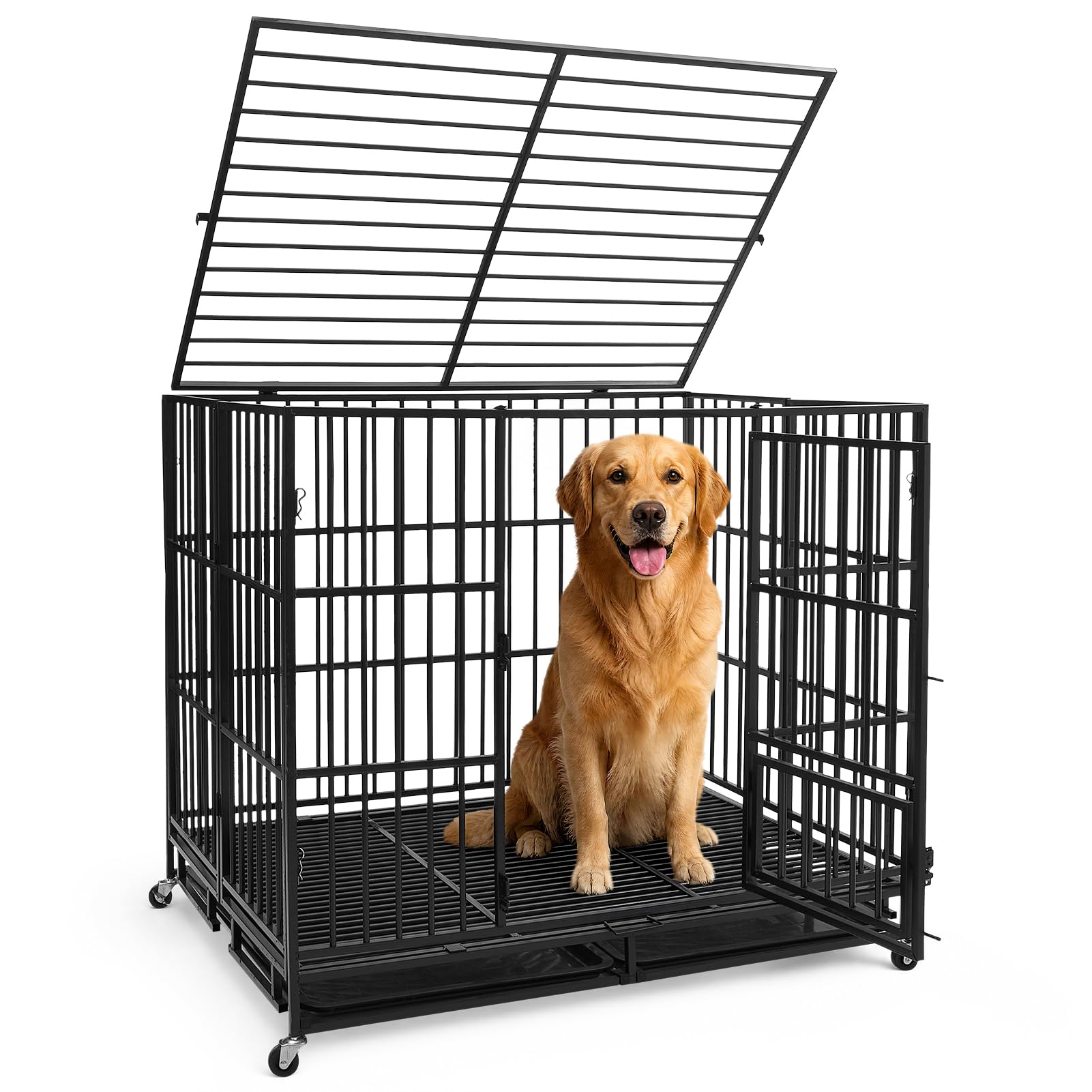 The Fellie Extra Heavy Duty Dog Crate, Foldable Metal Pet Cage with Lockable Wheels, 48 inch Sturdy Chew-Proof Dog Kennel Cage for Large Breed Dogs Indoor with Removable Cleanable Tray, 123x95x108 cm