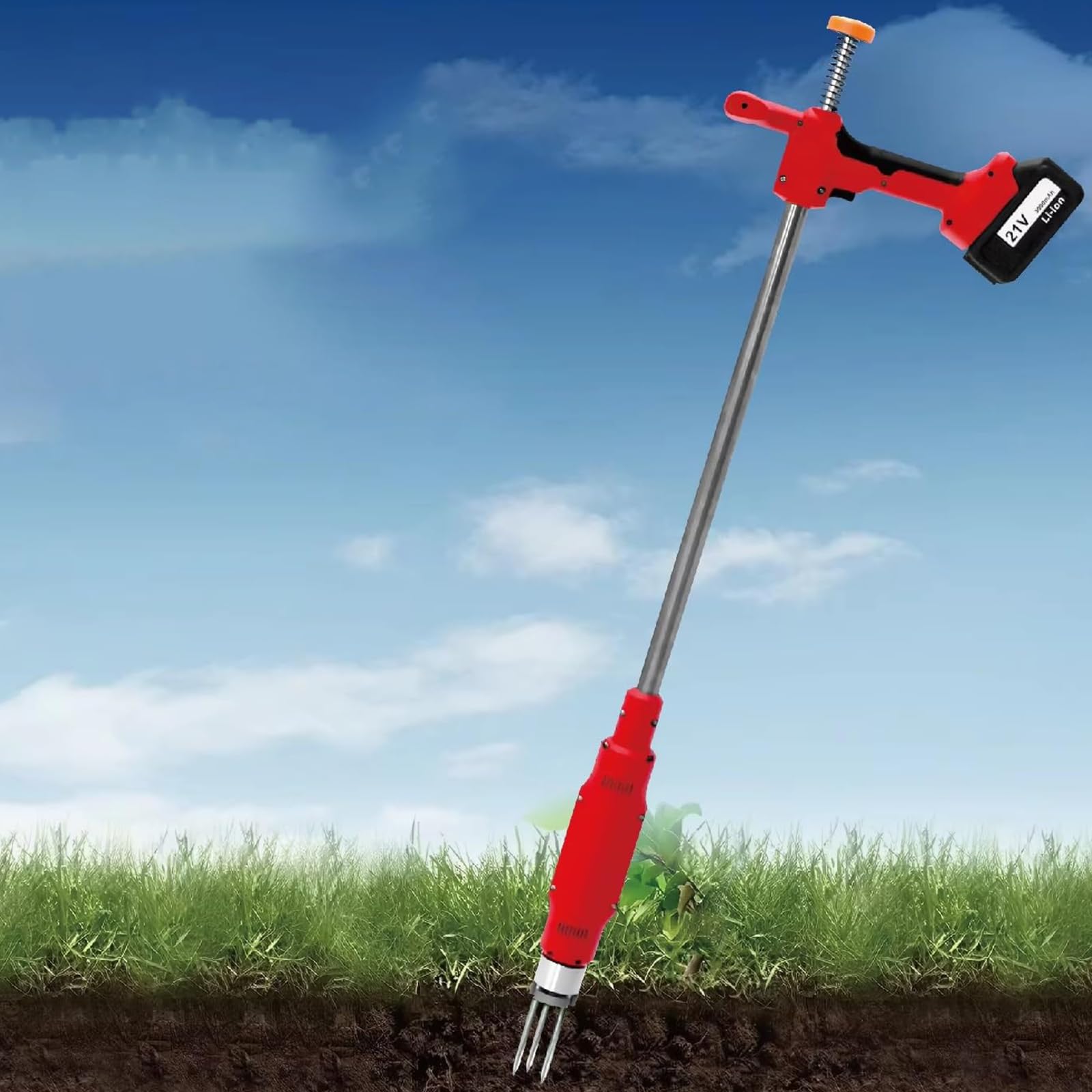 Estirpatore Elettrico per Erbacce, 21V Senza Fili Rimuovi Radici in Piedi con 2 Batterie E Caricatore Rapido, Attrezzo da Giardino con Manico Lungo E Tripla Griffa in Acciaio, per Prato E Orto
