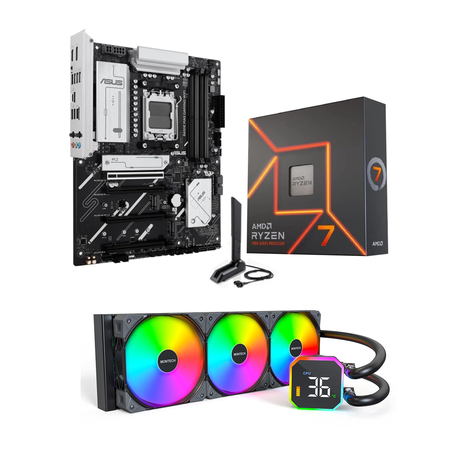 3 in 1 Bundle: AMD Ryzen 7 7700X Desktop CPU Processor + ASUS B650E MAX Gaming WiFi Motherboard + Montech Hyperflow Digital 360mm CPU AIO Water Cooling