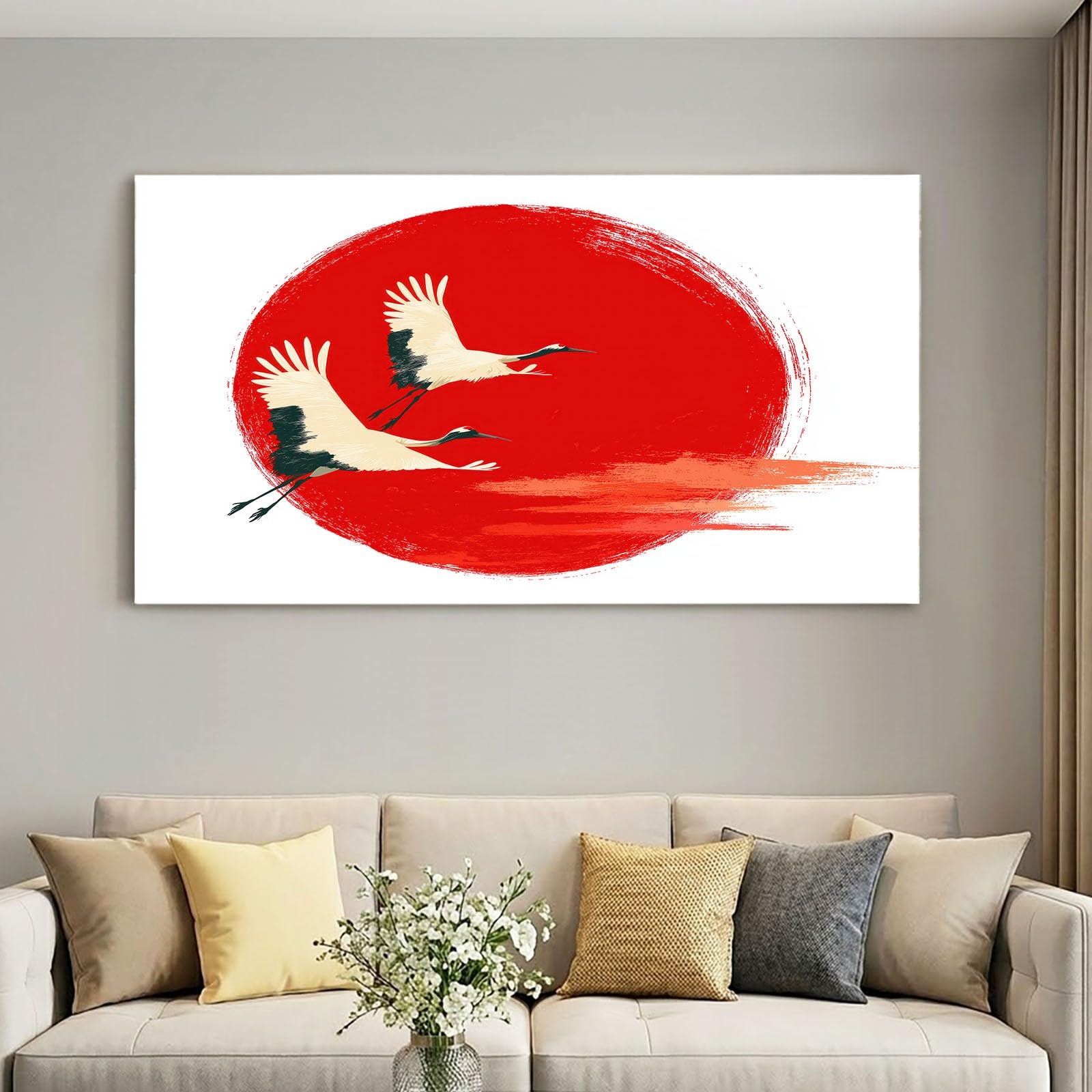 Lienzo decorativo para pared, 70 x 50 cm, diseño de animales blancos, pájaro rojo, sol, para salón, dormitorio y comedor