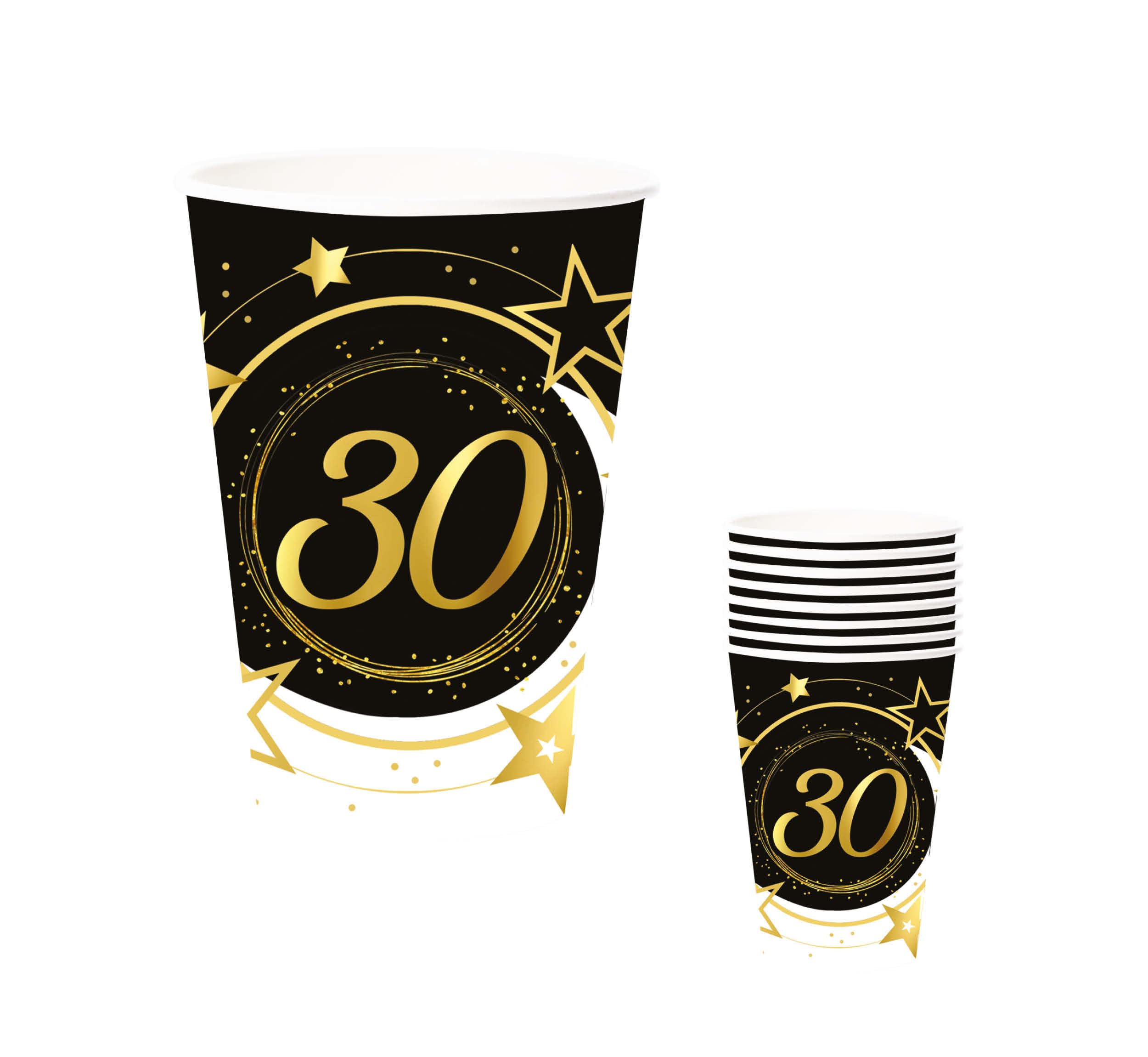FIESTAS GUIRCA | 6 Disposable Glasses 30th Birthday (8.5 oz) (3.5 in) - Table Decoration for Parties - Ideal for Celebrations and Events - Black, Gold, White