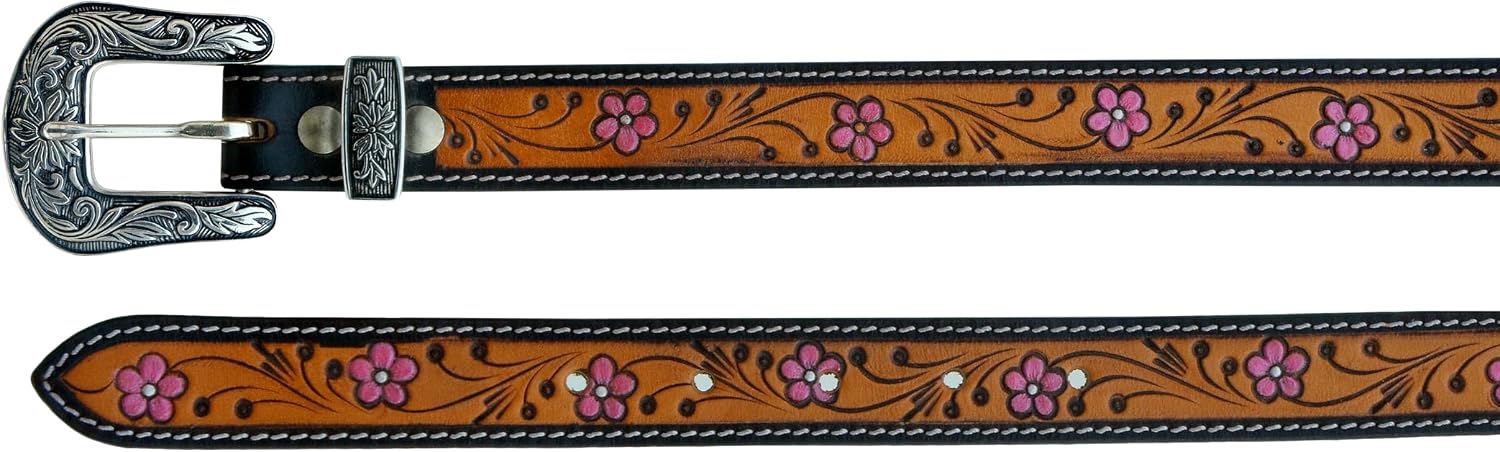 Affilare Western Tooled Pink Floral Hand Finished Leather Belt For Women, Kids, Girls Belt 40AB004