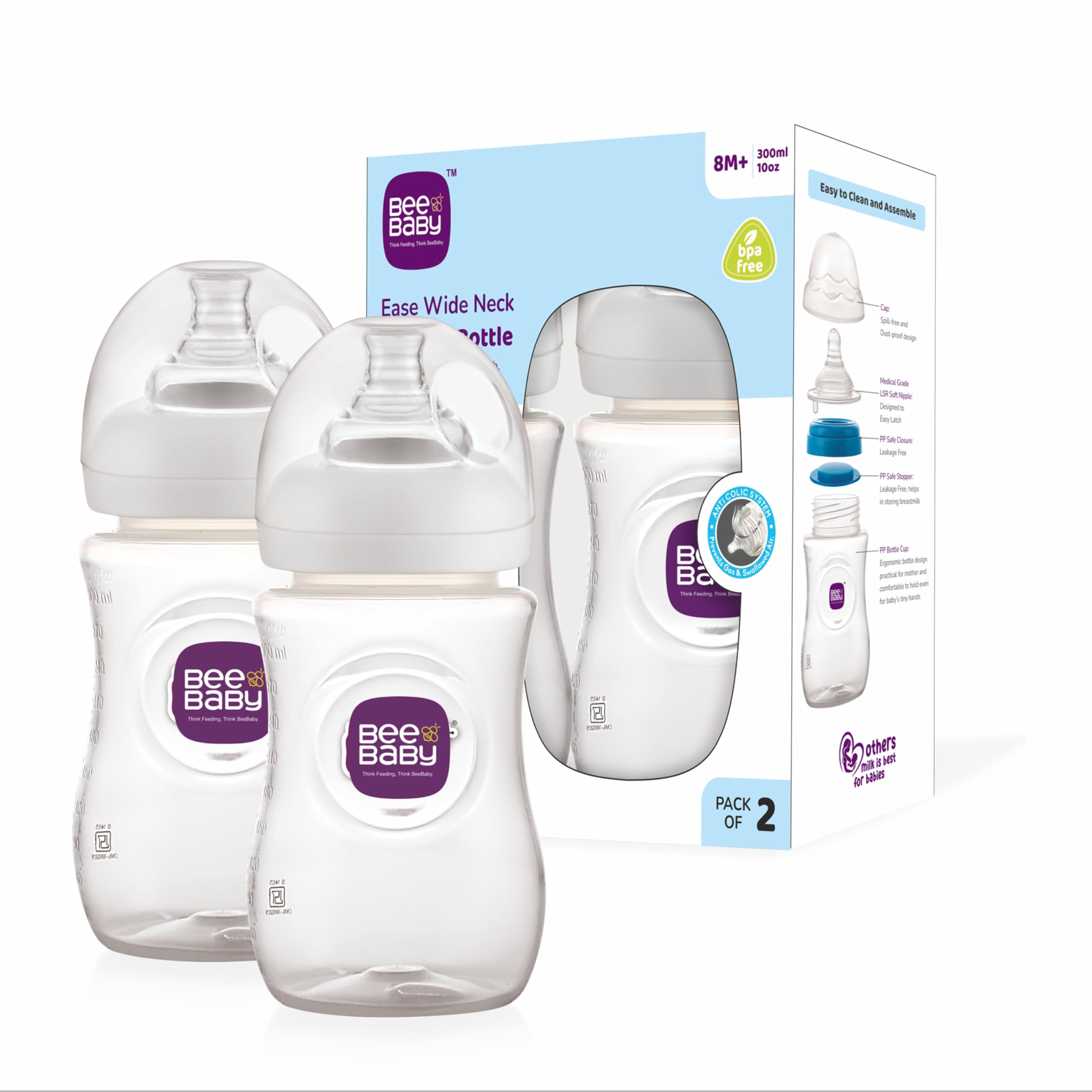 BeeBaby Ease Wide Neck Feeding Bottle 300 ml | BPA Free Easy Latching Baby Milk Bottle for Newborns & Infants | Soft Silicone Anti-Colic Nipple Fast Flow (8 Months +) |White, Pack of 2-picture-26