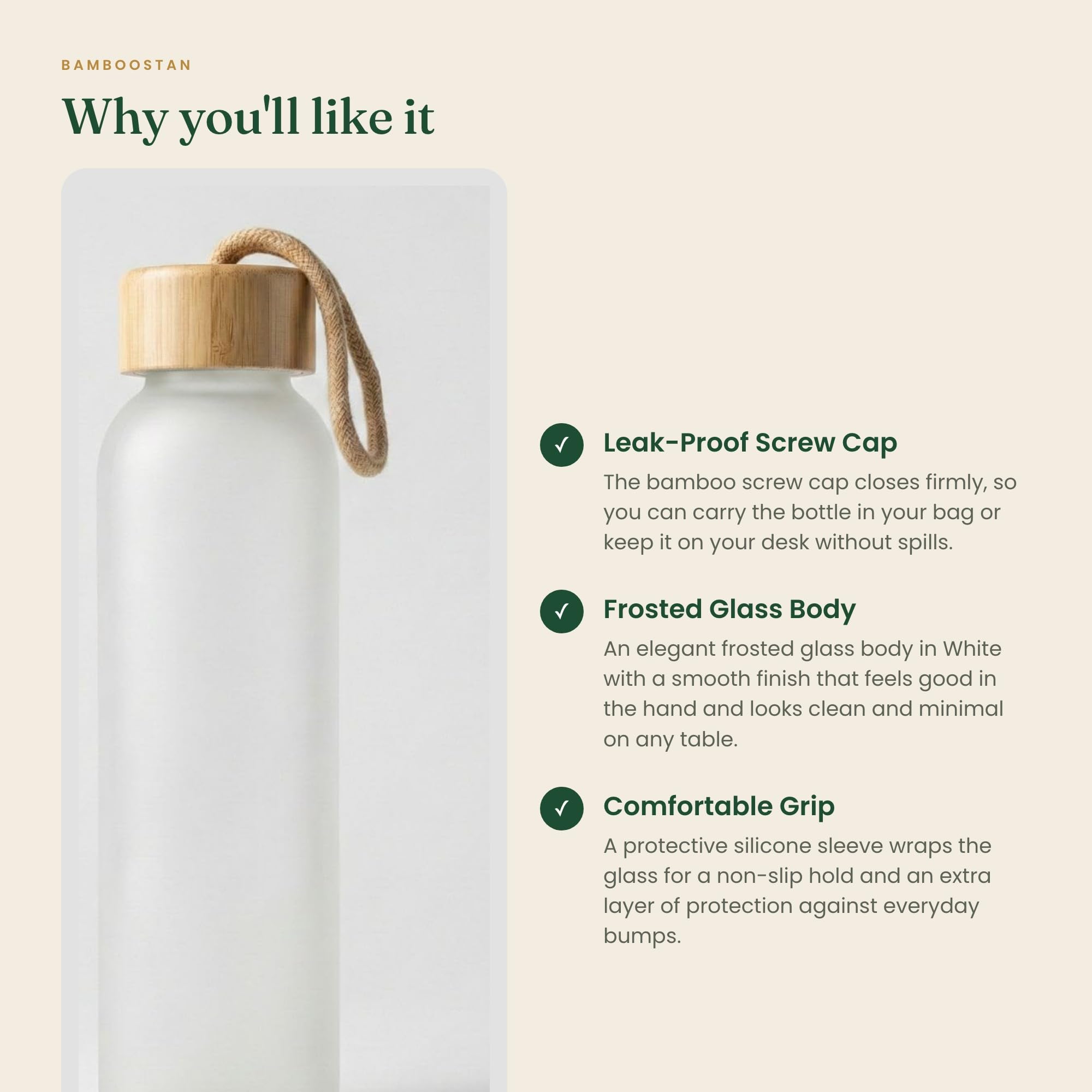 Frosted Glass Water Bottle - Bamboo Cap -3 Frosted Glass Water Bottle - Bamboo Cap -3