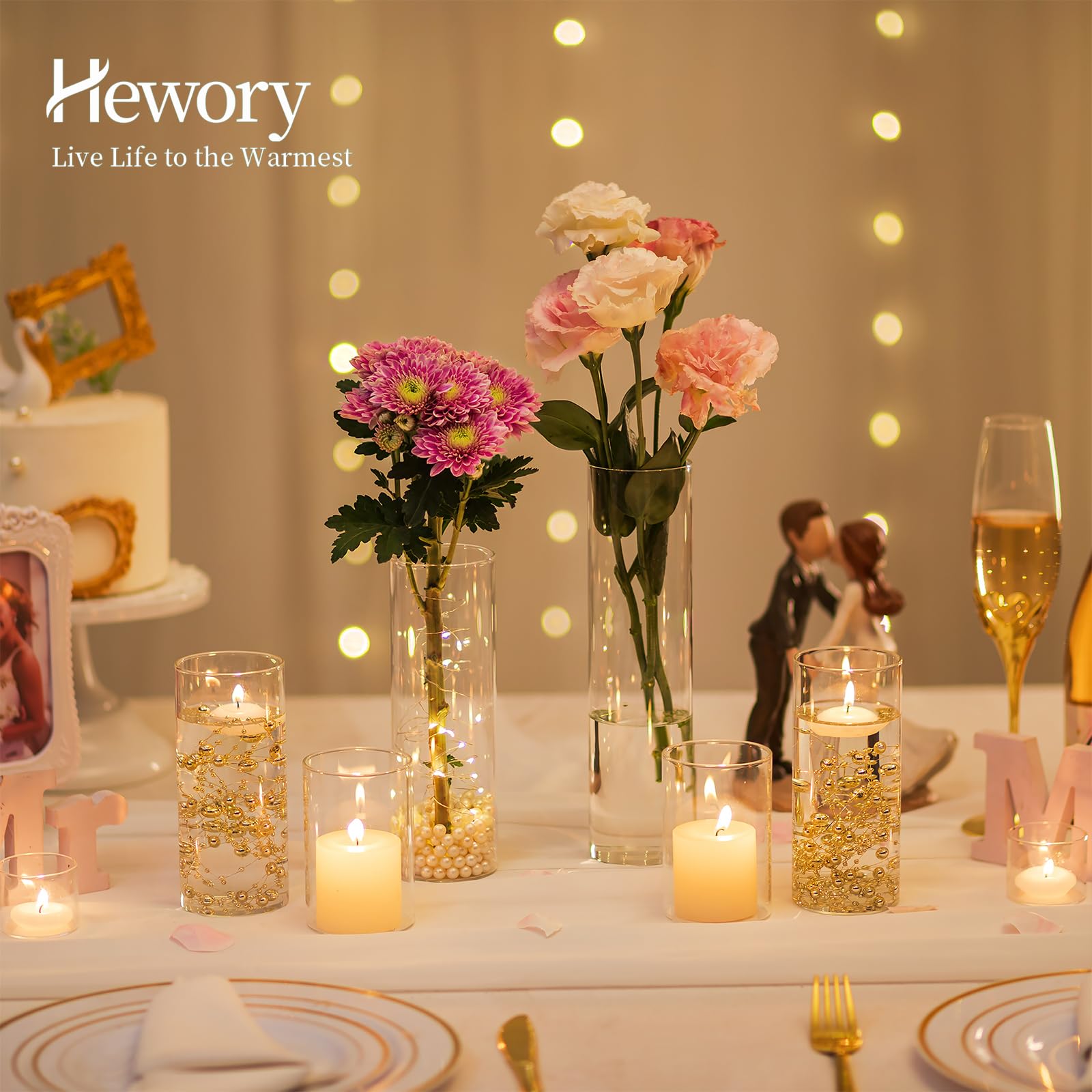 Jarrones Cilindricos de Vidrio para Centro de Mesa: Hewory 12 Jarrones de Cristal Jarrón Cilindrico Vidrio con Hilo de Perlas para Boda Decoracion - Decorativos Portavelas para Decoracion Hogar