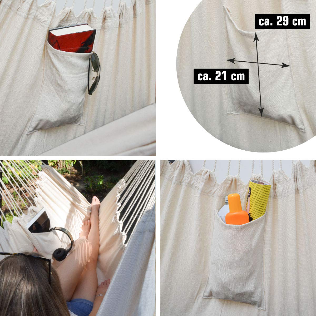 AMANKA XXL Hängesessel 220x120 cm mit Seitenfach und Kissen - Große Sitzhängematte für Outdoor & Indoor - Balkon Garten Terrasse Camping - Hängestuhl bis 150 kg - Hängesitz Baumwolle Bequem Stabil