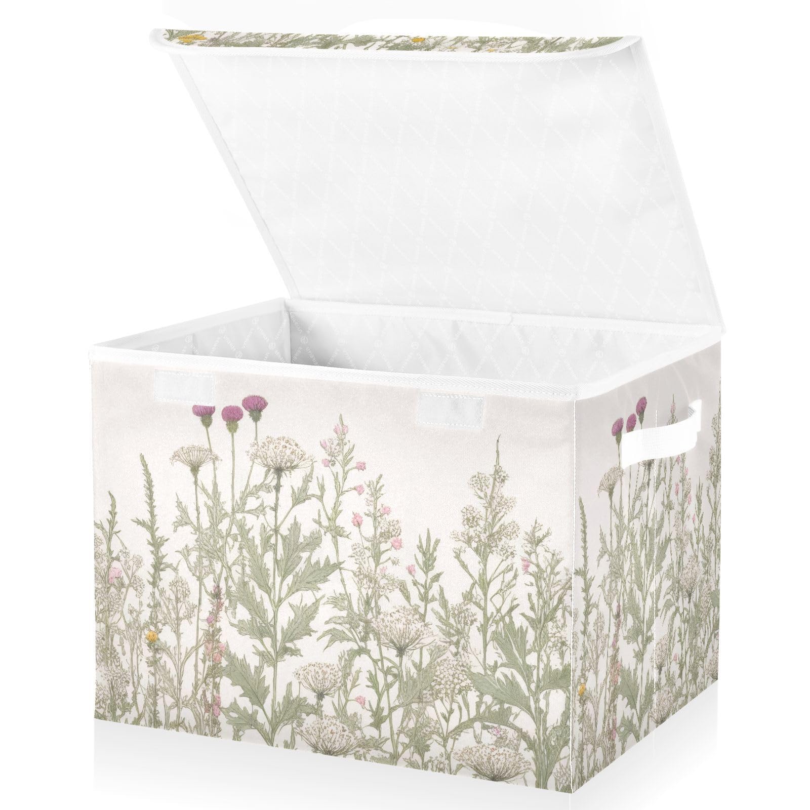 Kigai Collapsible Herbal Wildflowers Storage Basket with Lids and Handles,Storage Bins for Shelves Closet Bedroom,Office Storage
