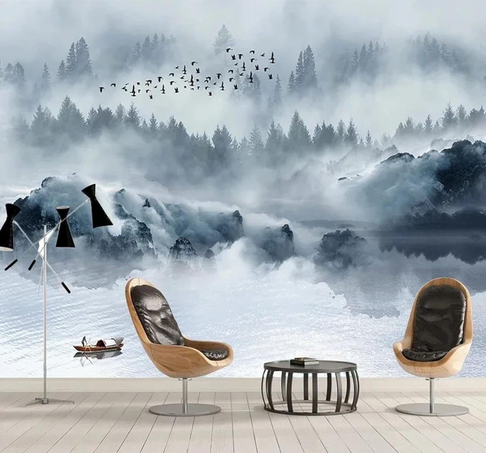 XLMING Ink Wash Style Lakes Forests Natural Landscapes 3D Wallpaper Silky Texture Home Study Office Grey Dining Room Sofa Bedroom Living Room TV Backdrop-400cm×280cm