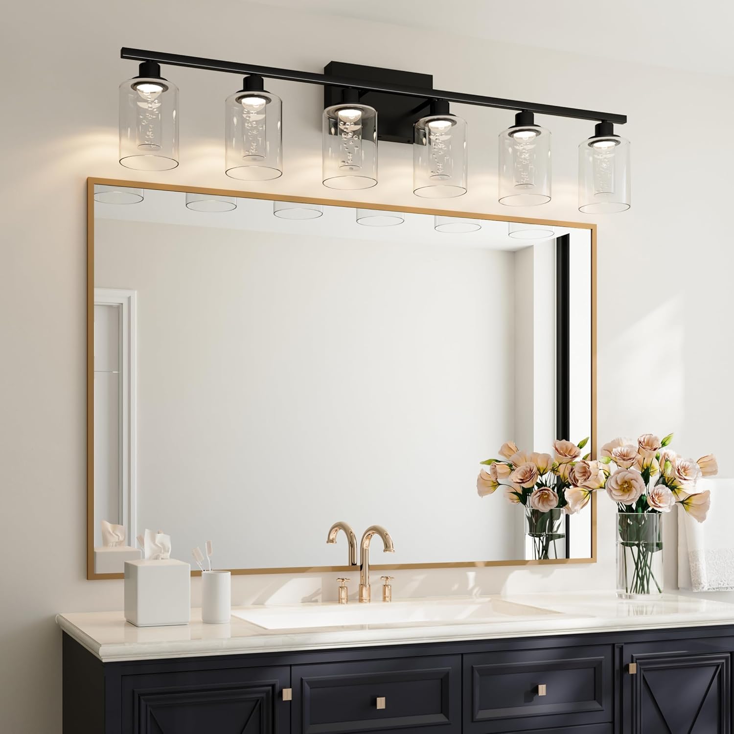 MELUCEE LED Vanity Lights for Bathroom, 6-Light Dimmable LED Bathroom Light Fixtures Black with Crystal Bubble Clear Glass Shade 3000K-6000K LED Wall Light Fixture for Bathroom, Built-in LED Chips