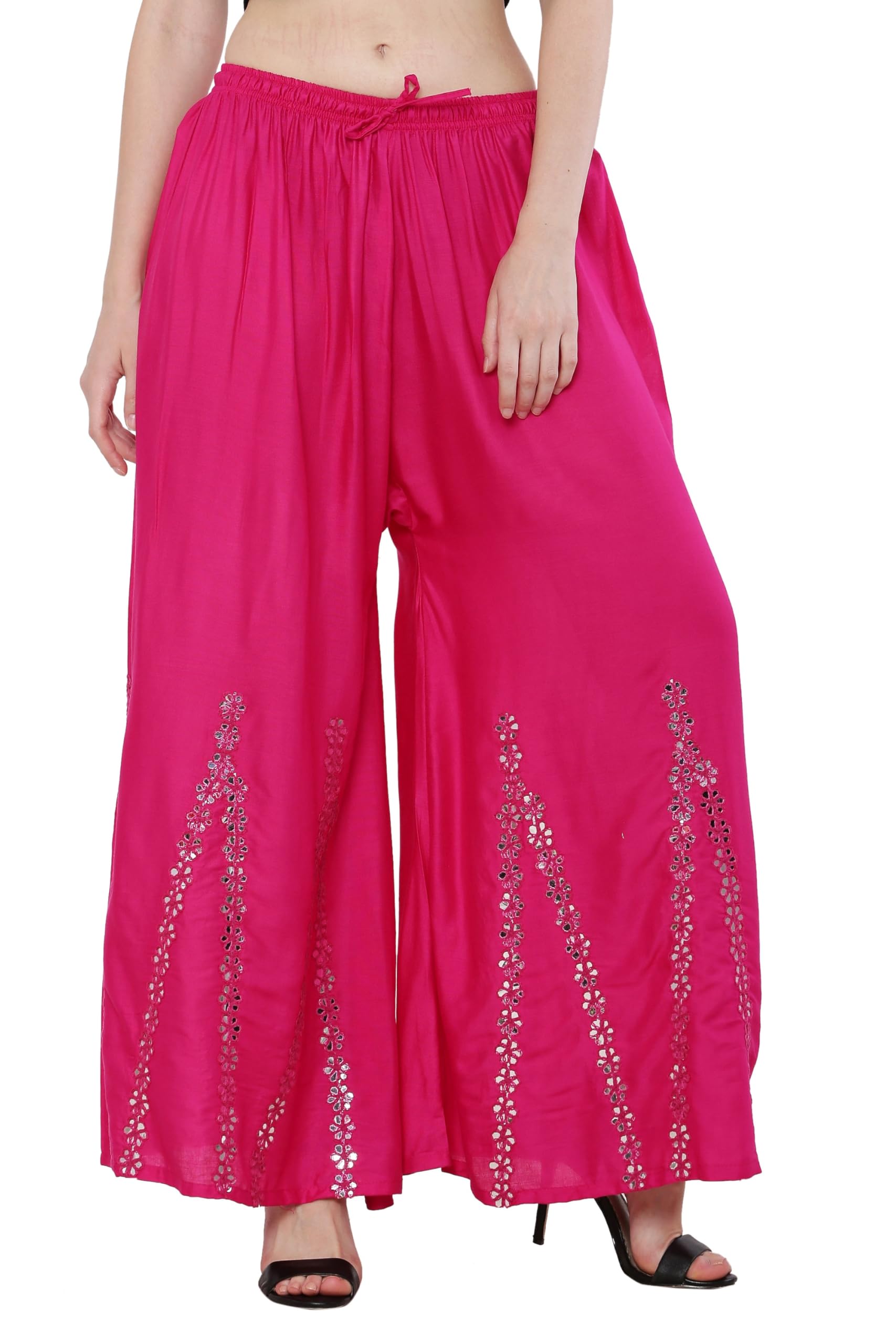 Women’s Rayon Palazzo Pants with Mirror Work | Comfortable, Stylish Wide-Leg Design | Ethnic Flared | Elastic Waistband | Ideal for Casual, Formal - Free Size 28 to 42-image-40