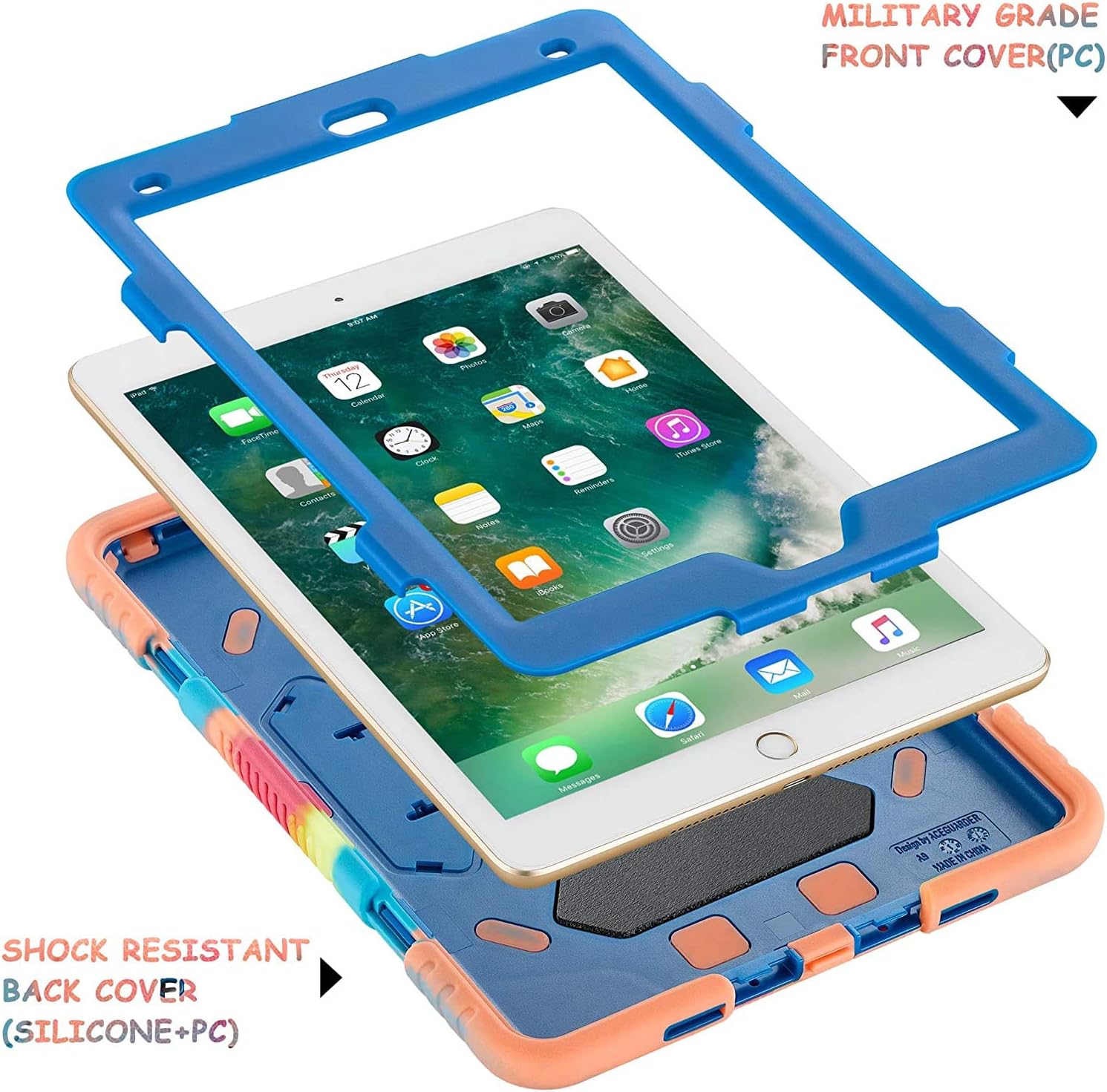 ACEGUARDER iPad Air 2 Case/iPad 9.7 Case 2018 iPad 6th Generation Case / 2017 iPad 5th Generation Case for Kids, Shockproof Cover with Adjustable Kickstand-Ice/Blue