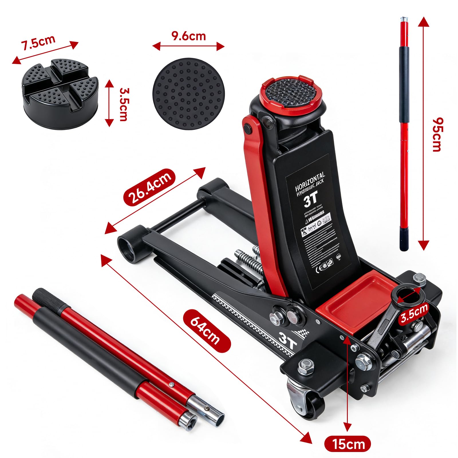 Warmfay Hydraulischer Wagenheber 3T, TÜV Geprüfter Profi Rangierwagenheber Flach 75-460mm Hubhöhe, Wagenheber Jack mit 360° Rollen, Doppelkolben & 2X Gummiauflagen, Ideal für SUV & Tiefergelegte Auto