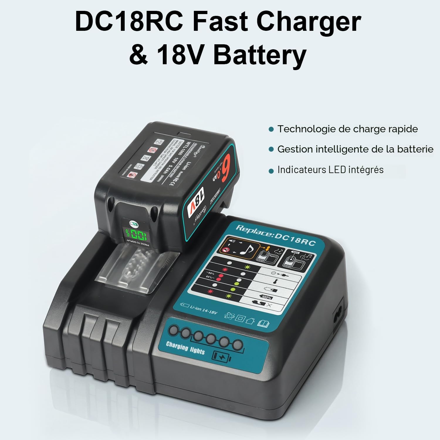 Waitley DC18RC Chargeur pour Makita 14.4V ~ 18V Batterie BL1860B BL1860 BL1850B BL1850 BL1840B BL1840 BL1415 BL1430