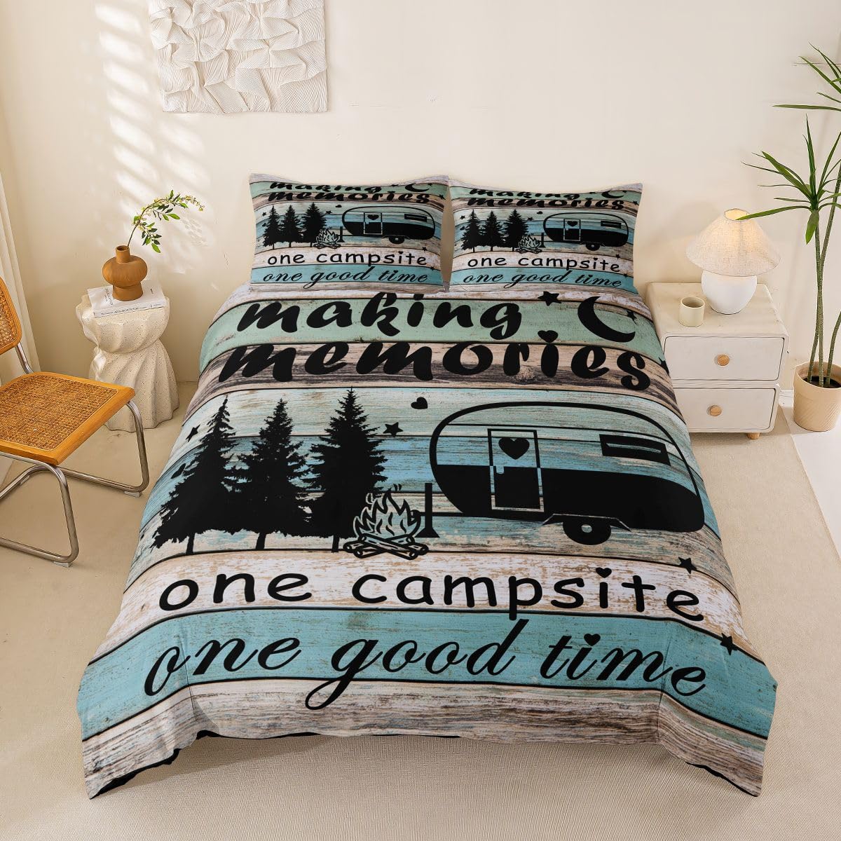 Homemissing Happy Camping Duvet Cover Set Super King Size Boys Girls RV Camping Bedding Set Breathable Soft Rustic Cabin Country Duvet Cover 3Pcs Bedroom Decor โ image 1