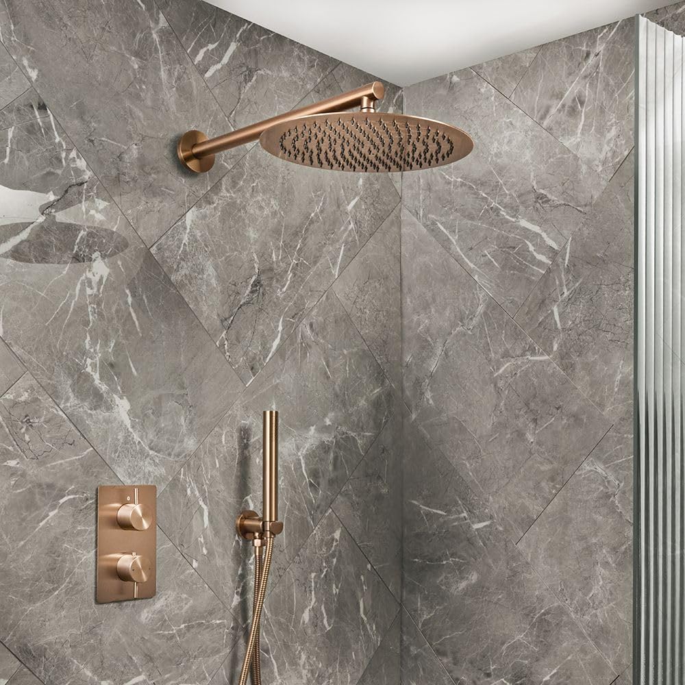 Milano Otto Thermostatic Diverter Mixer Valve 300mm Round Shower Head Handset - Brushed Copper
