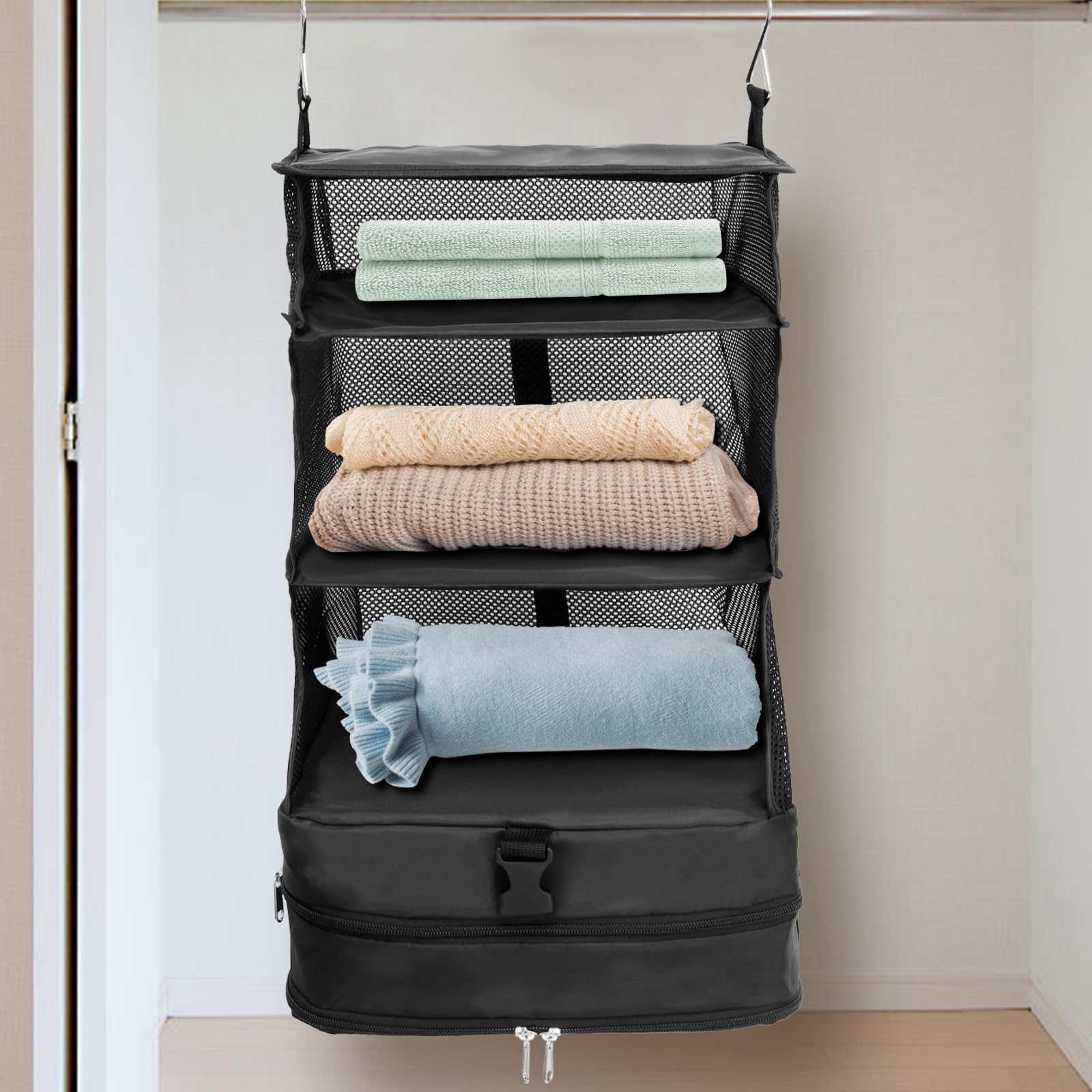 Sutowe Black Hanging Packing Cubes Portable Closet Shelves With 2 Hooks Collapsible 3-Shelf Travel Shelves Bag Compression Luggage Organisers For Travel Carry On Closet Insert(Black)