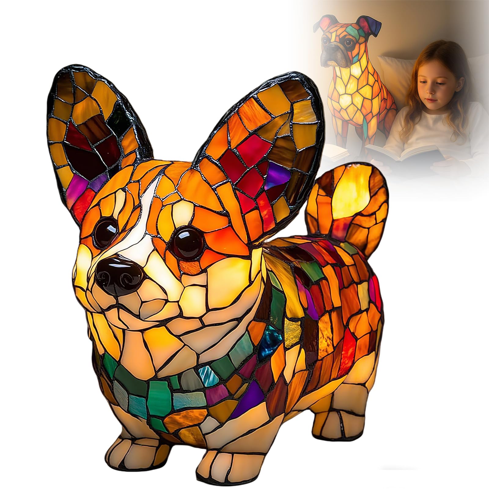Pug Lamp Stained, Dog Series Art Night Light, Stained Resin Animal Table Lamp for Bedroom Living Room Desk & Bedside Home Decor (Corgi Lamp A)