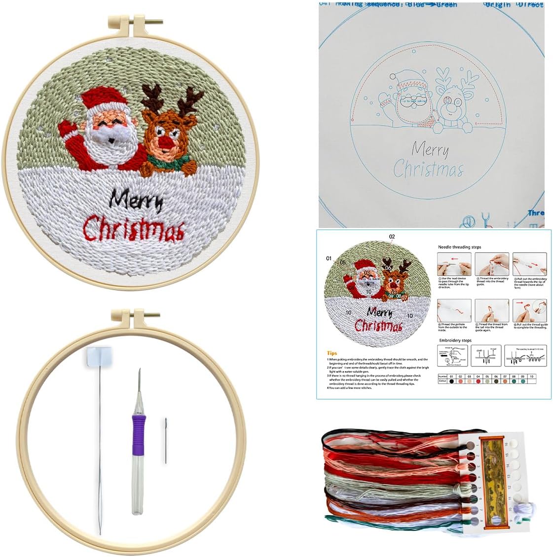 Zhenqing Christmas Punch Needle Kit - Santa & Reindeer Design with Pre-Printed 24x24cm Fabric, Hoop & Wool Thread for Beginners（D0041）