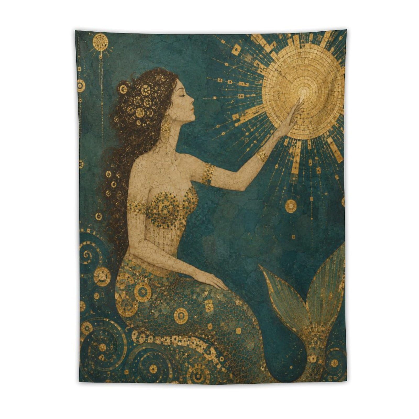 W7C8U2X3 Mermaid Holding Sun Wall Tapestry, Art Nouveau, Room Divider