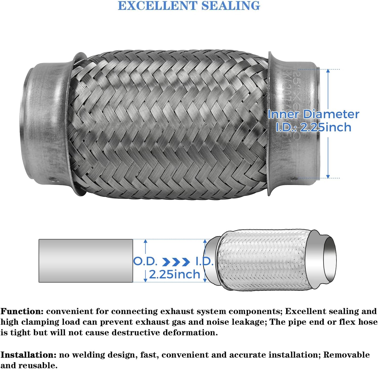 RP Remarkable Power, 2 Pack 2.25 Inch Inlet Exhaust Flex Pipe, 2.25 ID x 6 Length Flexible Tube, Stainless Steel Double Braid Heavy Duty Universal Fit Muffler Pipe RK7511 Replacement