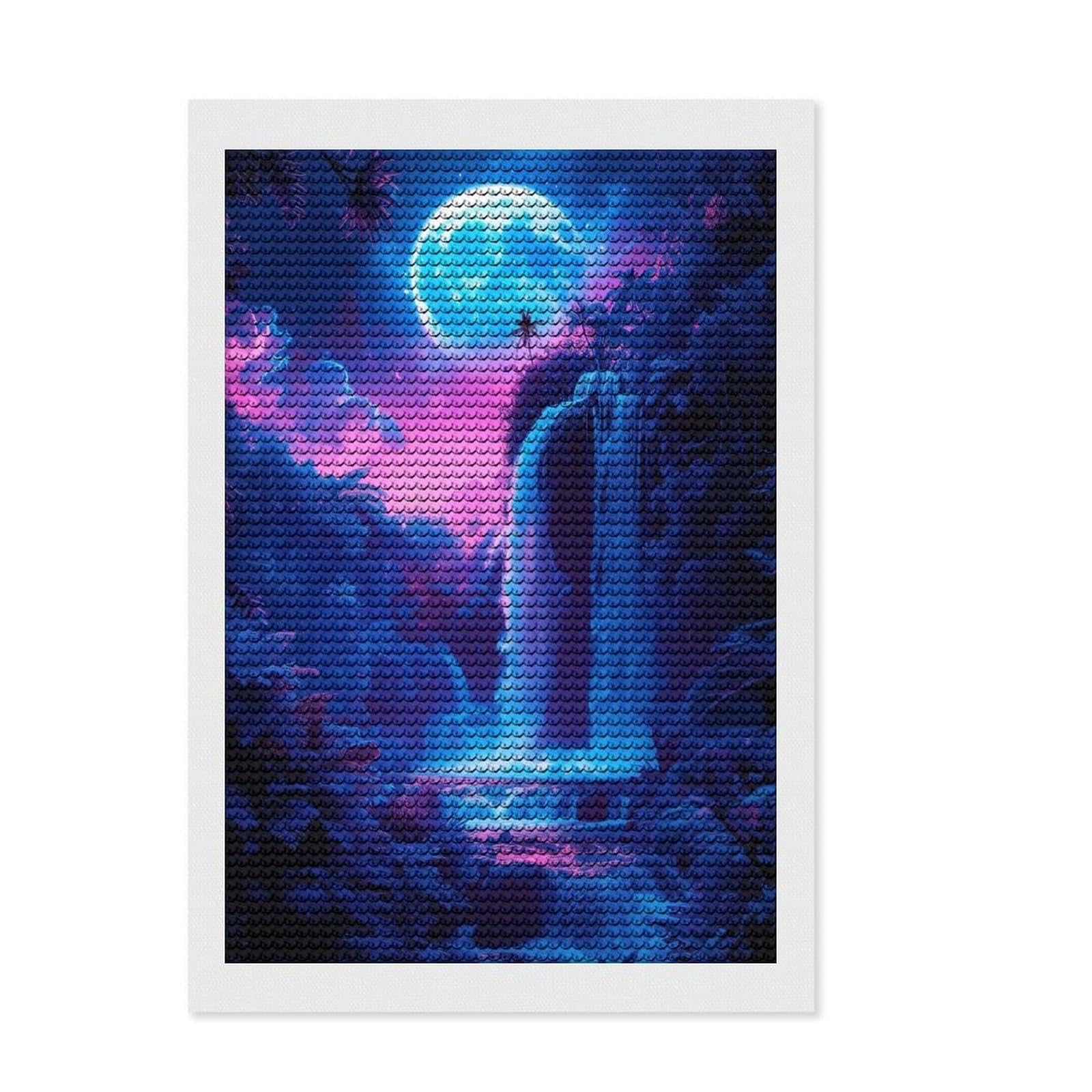 Junmoney Neon Lunar Landscape DIY Diamond Art Canvas Kit 8"x12", for Creative Relaxation, with Tool Kit, Vintage Style Decor, Festive Craft Gift