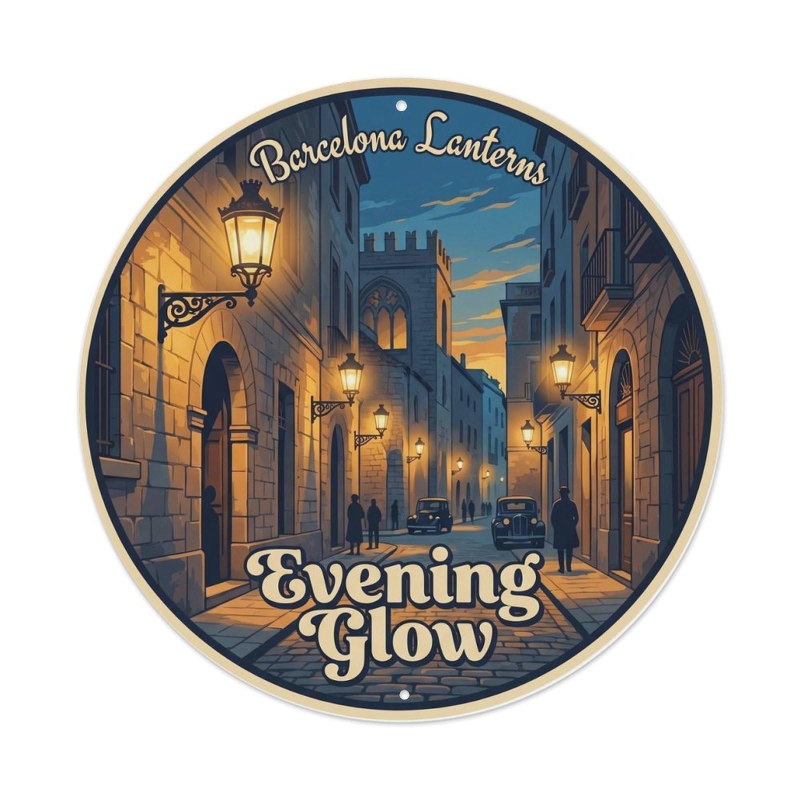 Barcelona Lantern Catalan Evening Retro Travel Spanish Cityscape Metal Tin Sign Plaque Wall Decor for Cafe, Man Cave, Club Bar, Office, Home Garden Round Metal Poster 8x8Inch