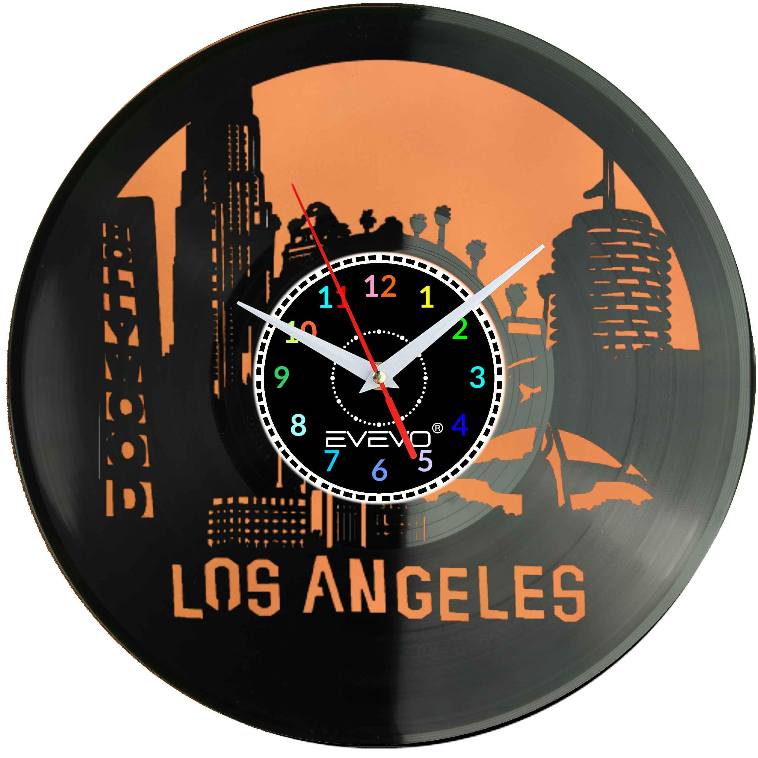 LOS ANGELES MIASTO ANIOŁÓW L.A. USA CALIFORNIA ZEGAR ŚCIENNY FLUORESCENCYJNE TŁO PŁYTA WINYLOWA PREZENT UPOMINEKA EVEVO F0089