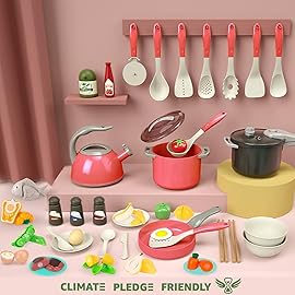 Bruvoalon 67Pcs Kids Play Kitchen Toys Set, Toddlers Pretend Cooking Playset Acccessories with Pots Pans, Utensils Cookware, Foods, Canned Veges, Learning Gift for Kids Girls Boys (Red)