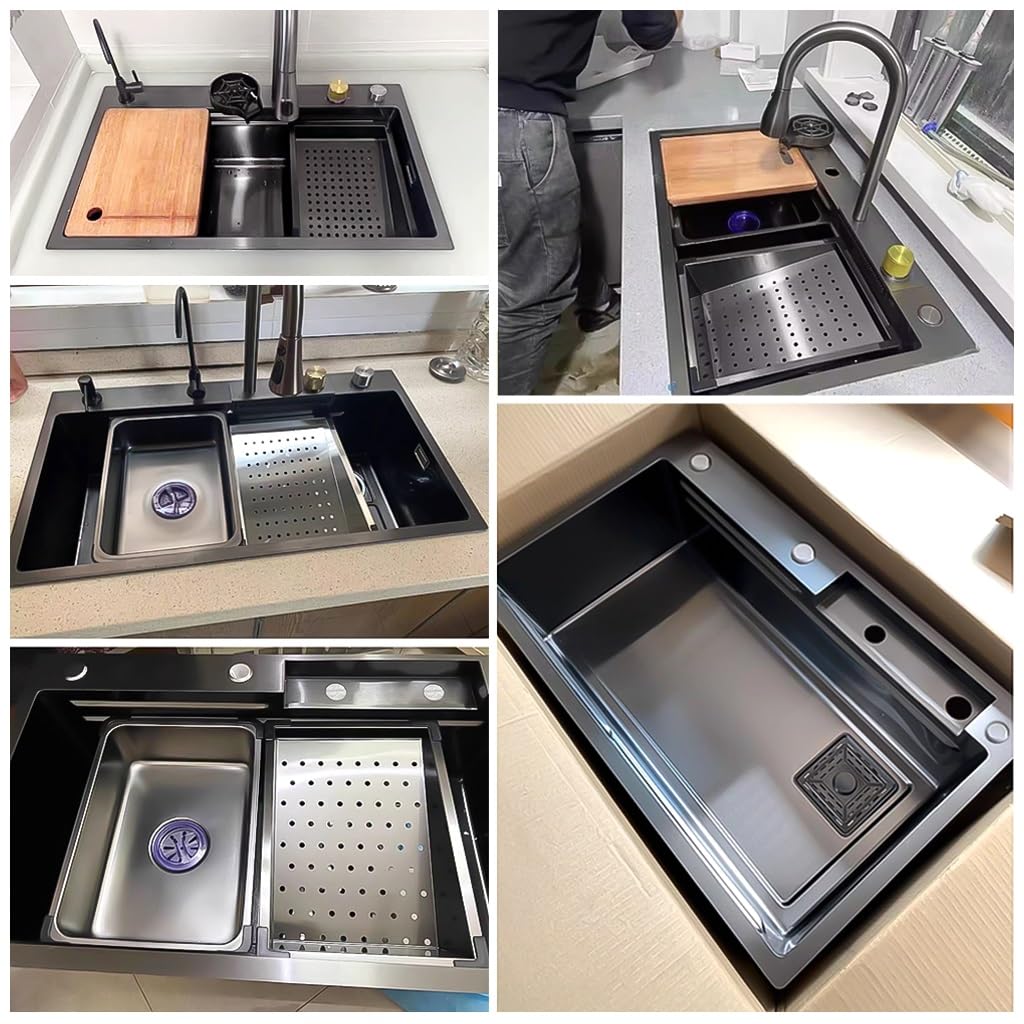 Fregadero de Cocina Black Waterfall, Fregadero de Acero Inoxidable con Grifo extraíble, lavavasos, Kit de desagüe, Fregadero de Barra Grande de un Solo Seno para instalación empotr