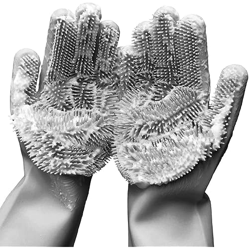 Reusable Cleaning Silicone Gloves with Scrubber Bristles for Dishwashing, Dog Pet Grooming & Car Wash (13.6" Large)