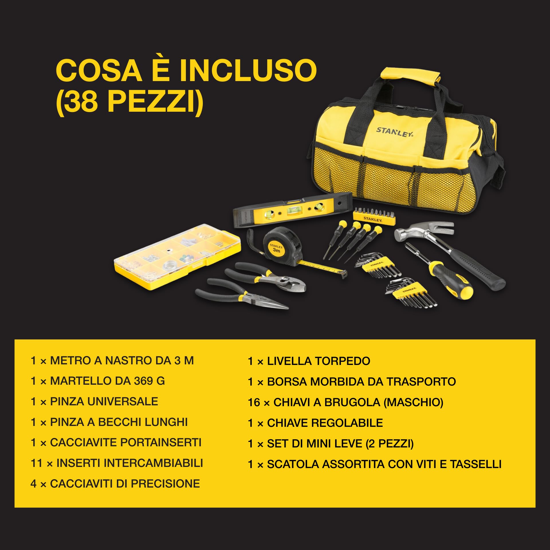 STANLEY Set Attrezzi 38 Pezzi con Borsa - Martello, Pinze, Cacciaviti, Chiavi Allen, Metro, Livella e Ferramenta -Resistente, Portatile, Affidabile - STMT0-74101