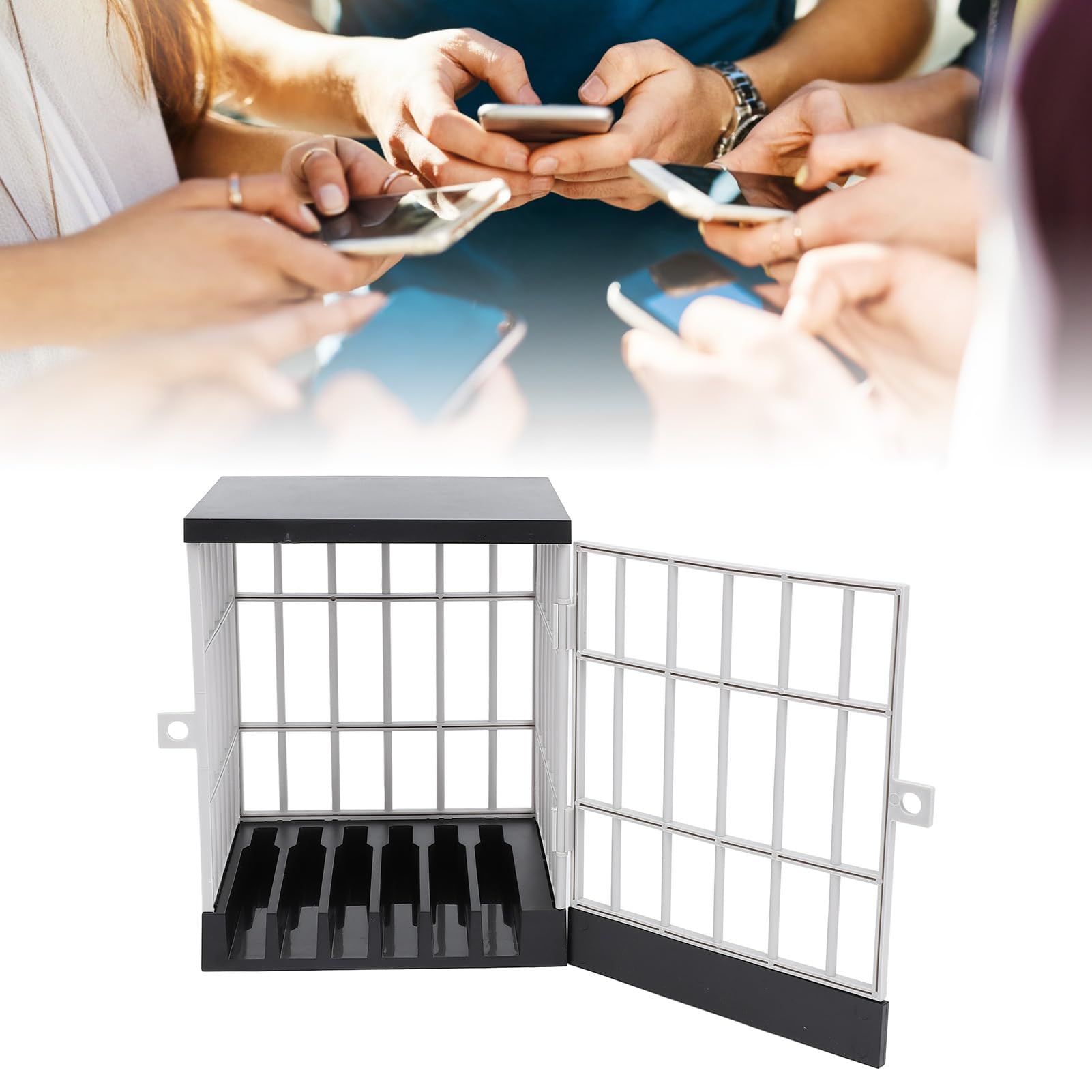 Cell Phone Jail Lock Box, 6 Device Capacity Family Phone Lock Box, Portable Screen Time Control Cage with Secure Keys for Home Office Classroom Family Time Party (Black Grey)