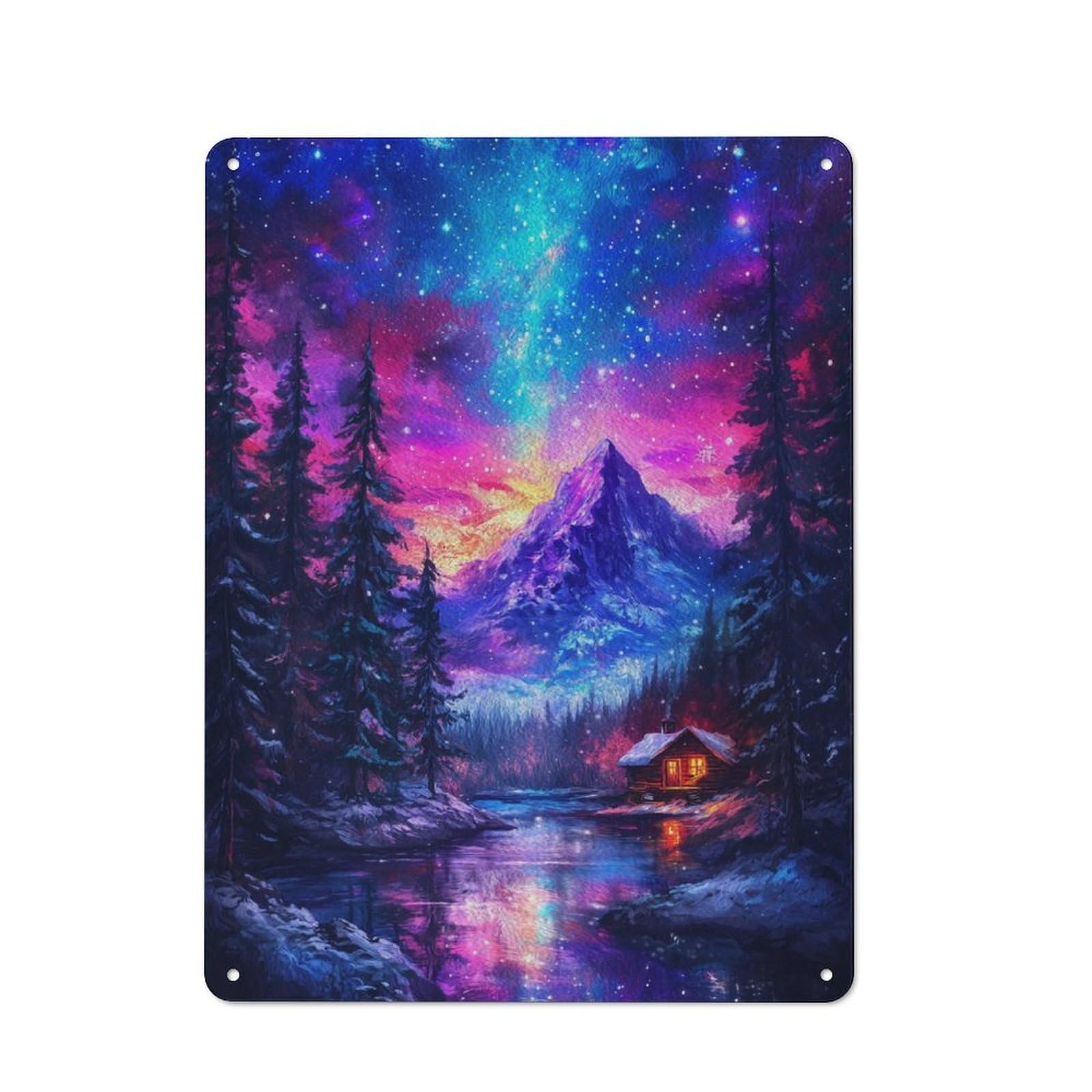 Junmoney Cabin Under Starry Sky Vintage Metal Plaque 40X30cm Featuring For Pub Or Café, Suited To Café Interior Fans