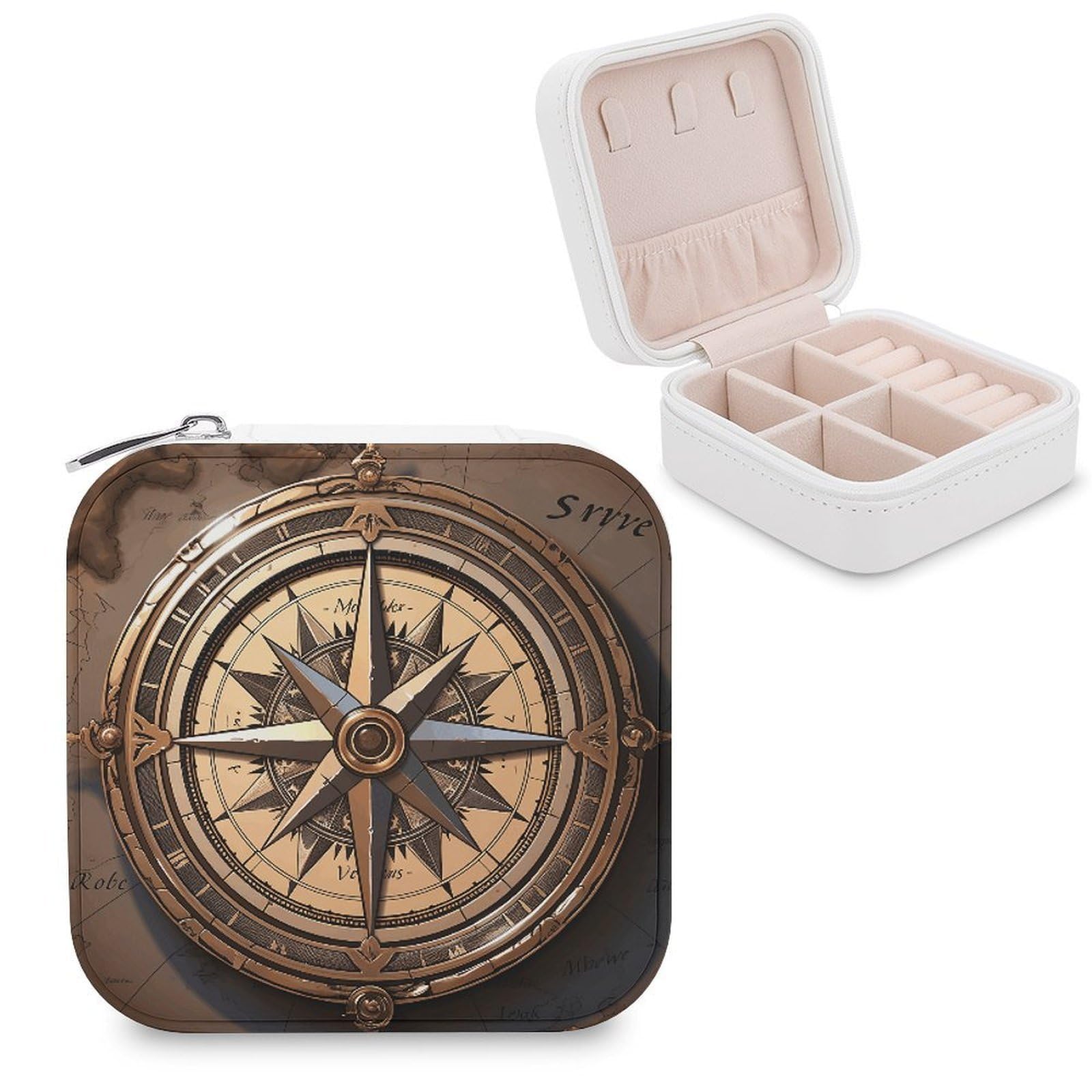 VstaDank Compass Wind Road Map Travel Jewelry Case Zipper Portable Small Jewelry Box Custom Pu Leather Mini Traveling Jewelry Organizer for Rings Earrings Necklace Bracelet Girls Women