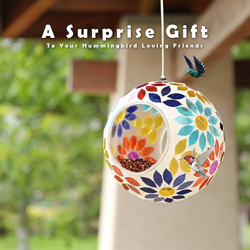 Miniatura 9 de VCUTEKA Comedero de mosaico para pájaros para colgar en el exterior con recipiente de vidrio de forma redonda para atraer más aves silvestres para