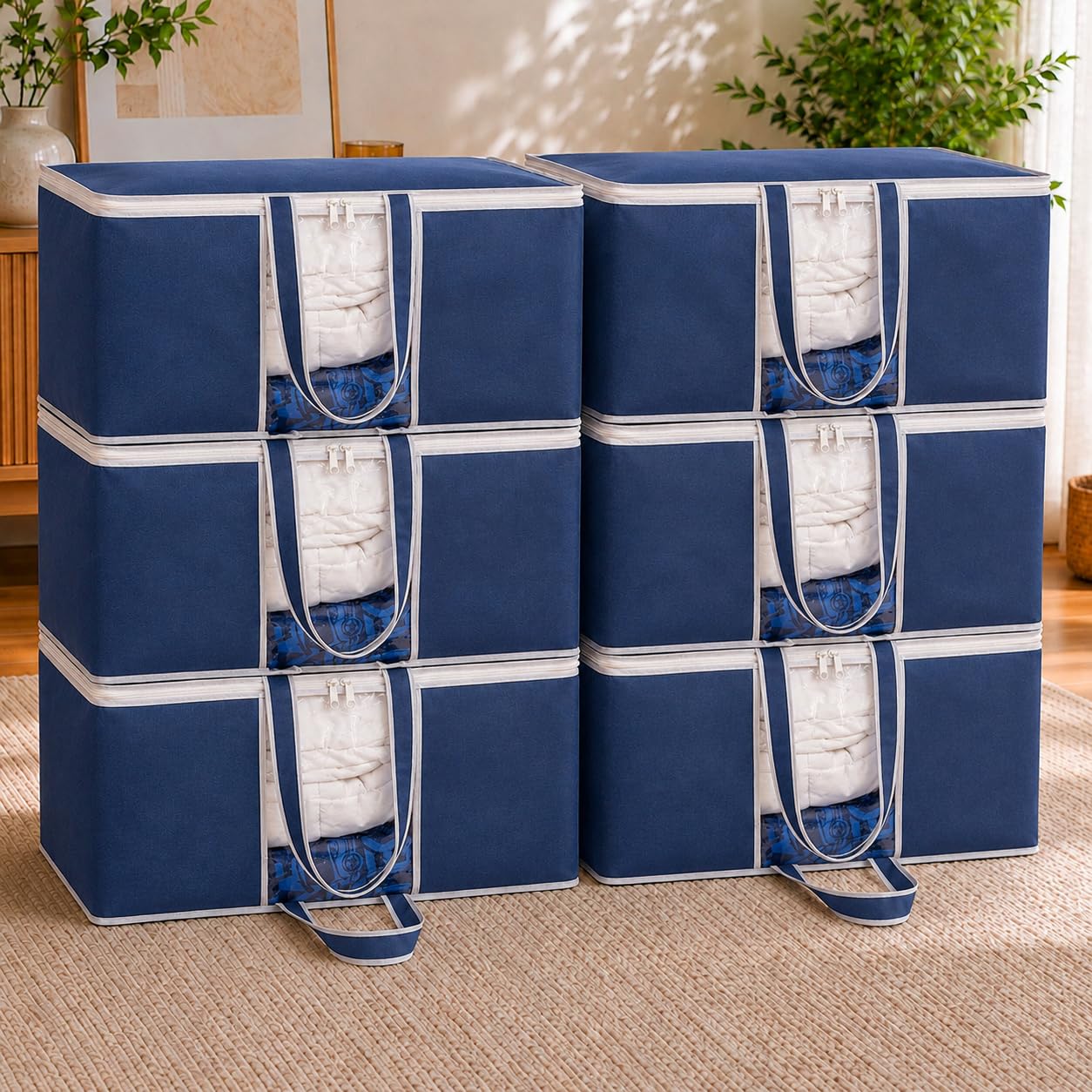 HomeStrap Underbed Blanket Rectangular Storage Bag Organizer with Front Handle (Pack of 6, Blue)