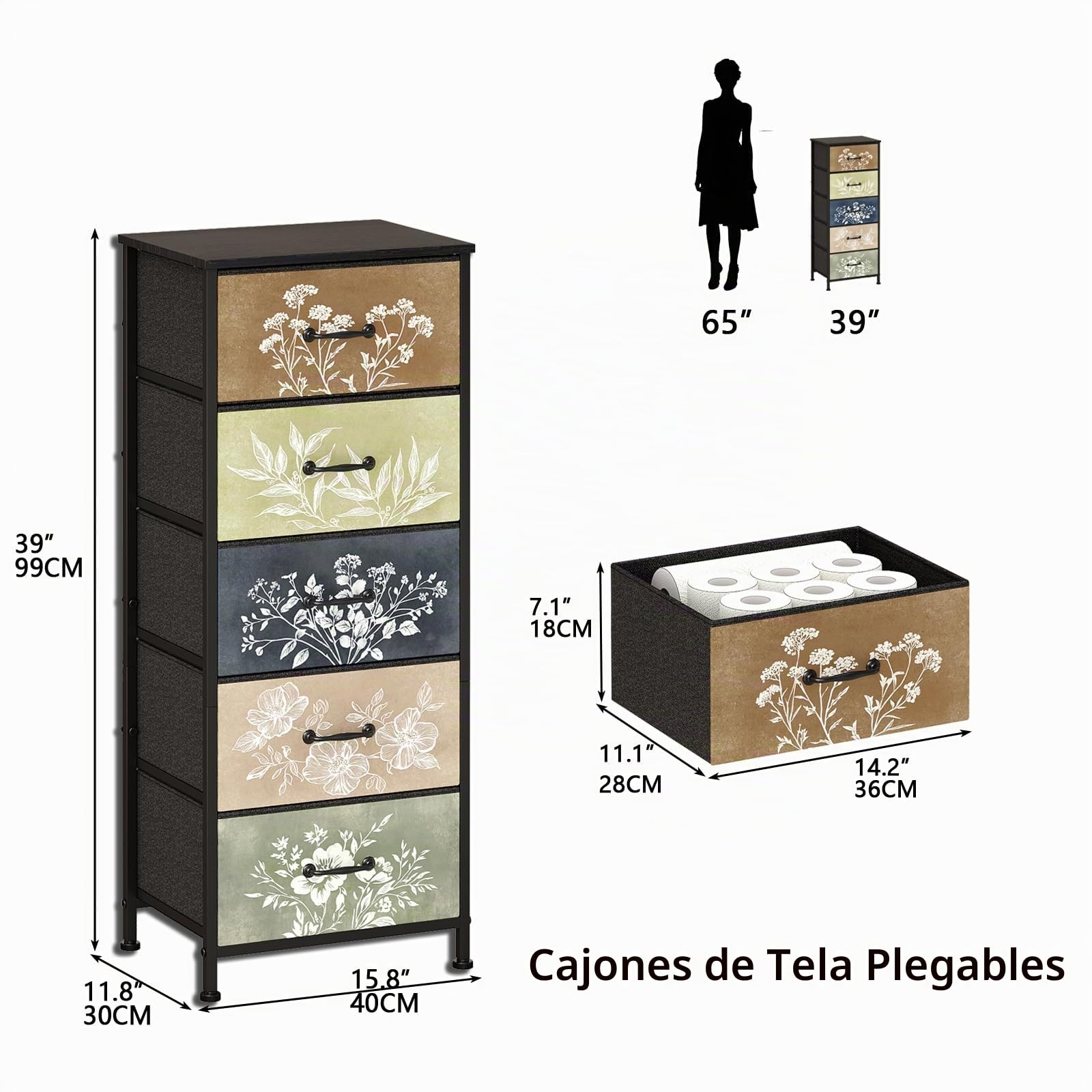 Cajonera de tela con 5 cajones de tela con diseño floral para dormitorio, sala de estar, habitación infantil y pasillo