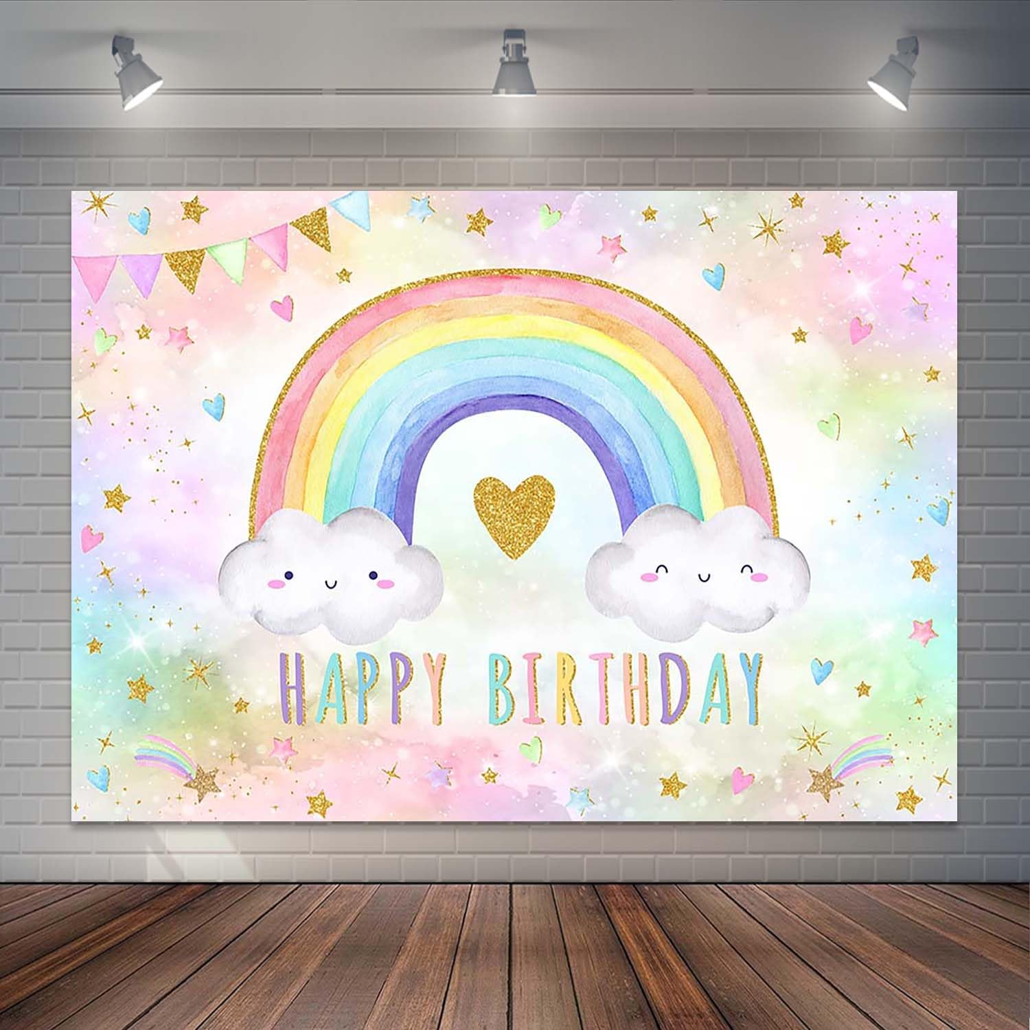 Joliaco Rainbow Birthday Backdrop for Girls Pastel Rainbow Gold Birthday Party Decorations Cute Clouds Rainbow of Fun Birthday Cake Table Banner