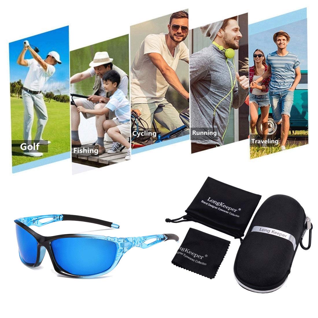 Long Keeper Polarised Sports Sunglasses For Men Women UV Protection Eyewear For Cycling Golf Fishing Running Sunglasses (Black Blue Frame Blue Lens) - Image 4