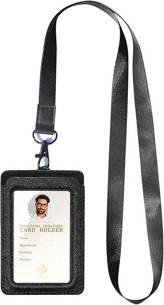 Leather ID Badge Holder,Slim Minimalist Elastic Credit Card Holder, Vertical Credit Card Holder for Men & Women with Neck Lanyard (Black-E)