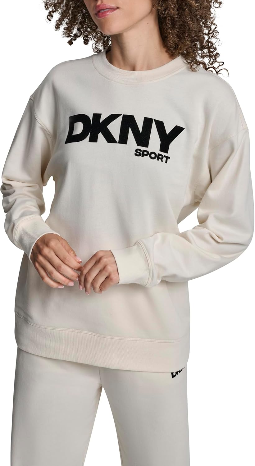DKNY womens Long Sleeve Crew Neck Flocked Logo Pullover Sweatshirt