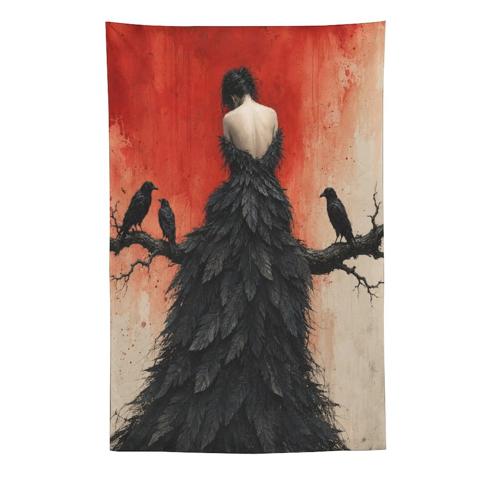 W7C8U2X3 Raven Woman Back View Wall Tapestry, Geometric Art, Dorm Room