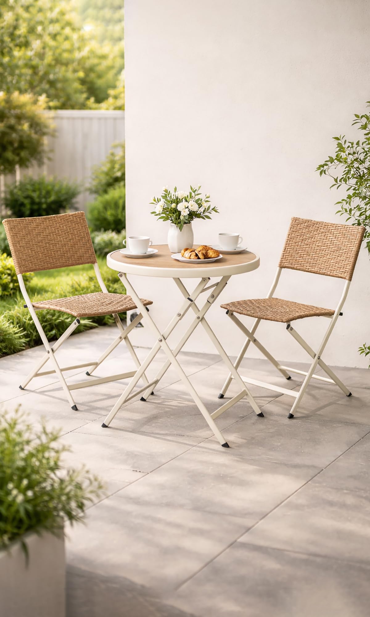 Dawsons Living Folding Wicker/Metal Bistro Set - Weather Resistant Outdoor Garden Furniture Set - Decking Patio Conservatory Balcony Set (Natural)