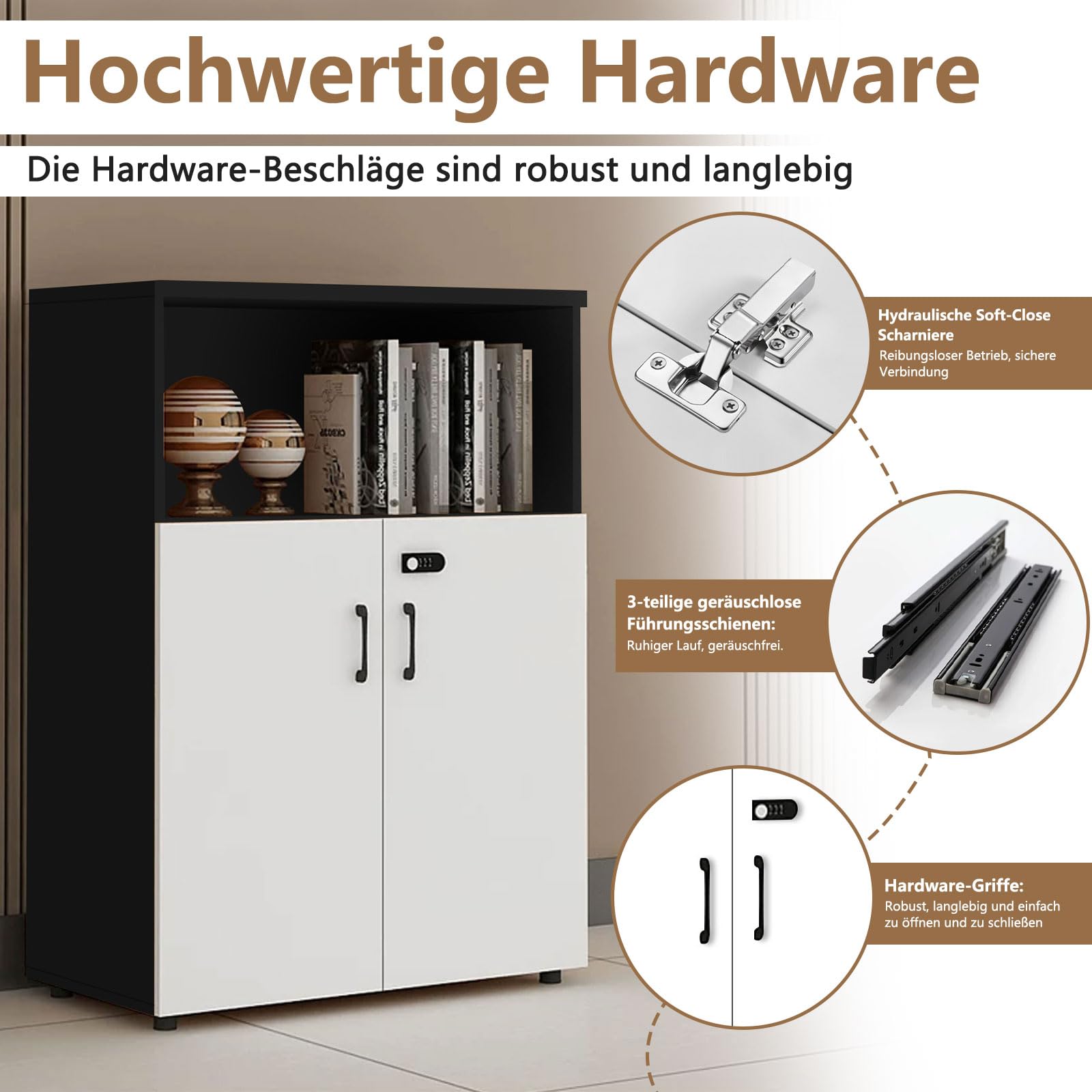 Aktenschrank Holz Querformat mit Zahlenschloss, Büroschrank mit 3 Schubladen und Tür, Druckertisch Aufbewahrungsschrank für Büro Homeoffice, A4 & Letter Ordner Schrank mit offenen Fächern