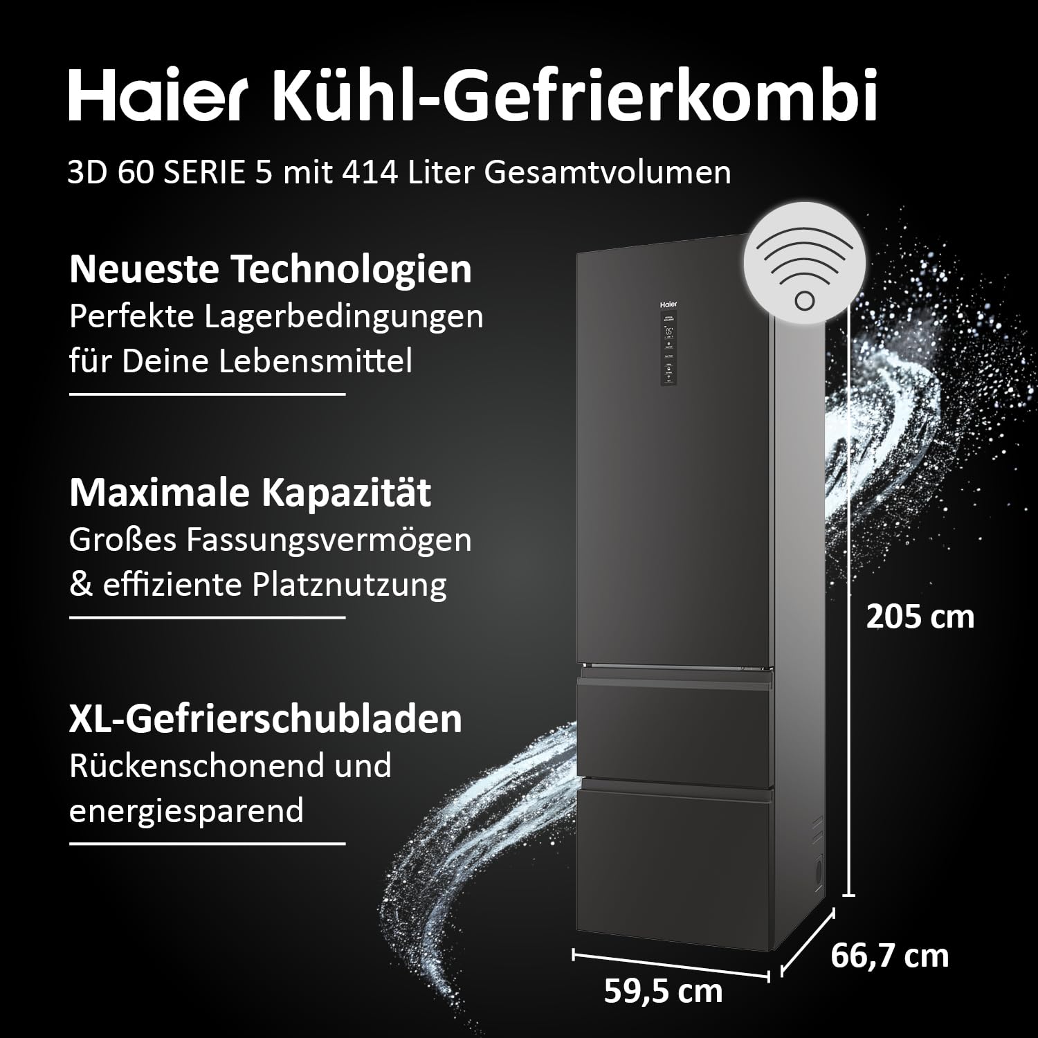 Haier Kühl-Gefrierkombination 3D 60 Serie 5 HTW5620DNPT | 2,05m, No Frost, Ergonomische Gefrierschubladen, Mit Gefrierfach freistehend, Kapazität 414L, Wi-Fi, Smarte Kühlfächer