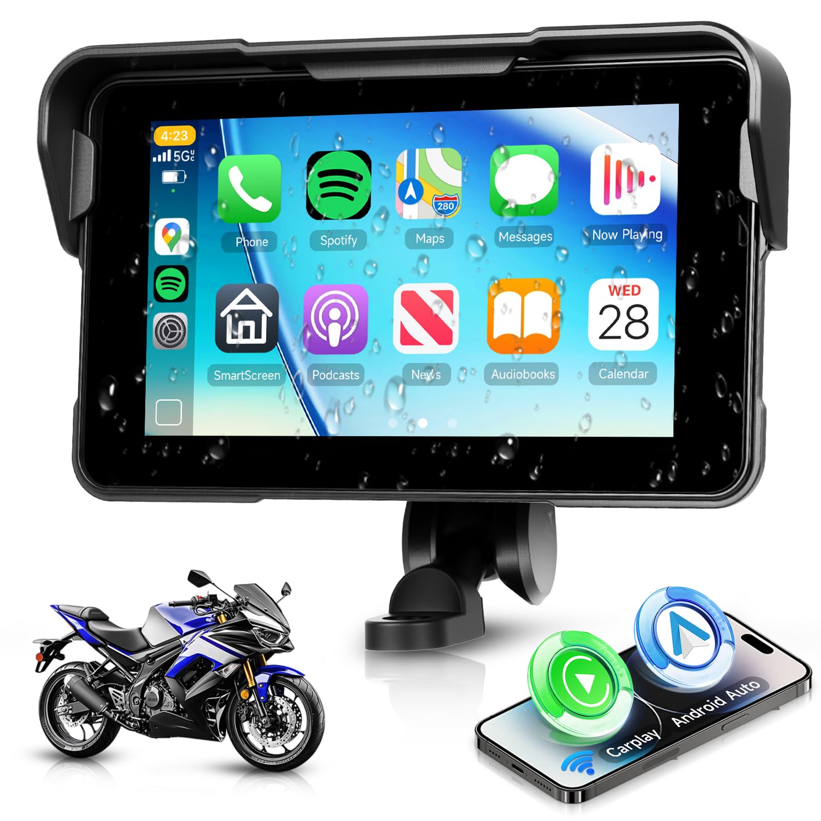 5 Inch Motorcycle Wireless CarPlay Screen, Wireless Android Auto, IP68 Waterproof Touchscreen, 3s Quick Release Mount, Voice Control, Bluetooth, GPS, TPMS